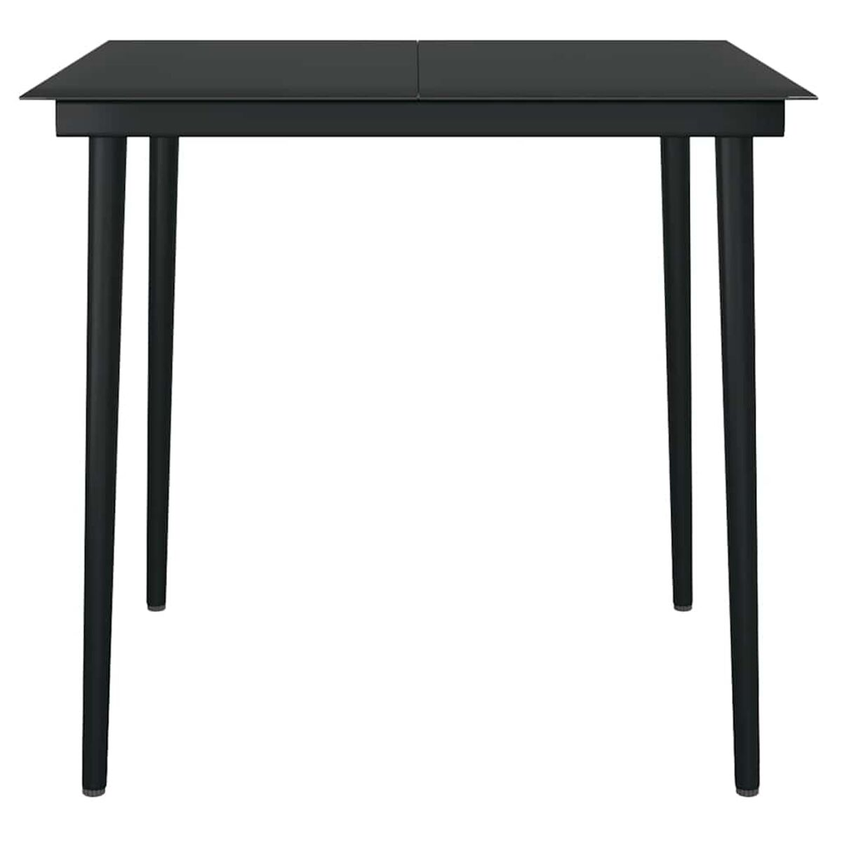 Tavolo nero con gambe nere, forma rettangolare. Sfondo bianco, design semplice.