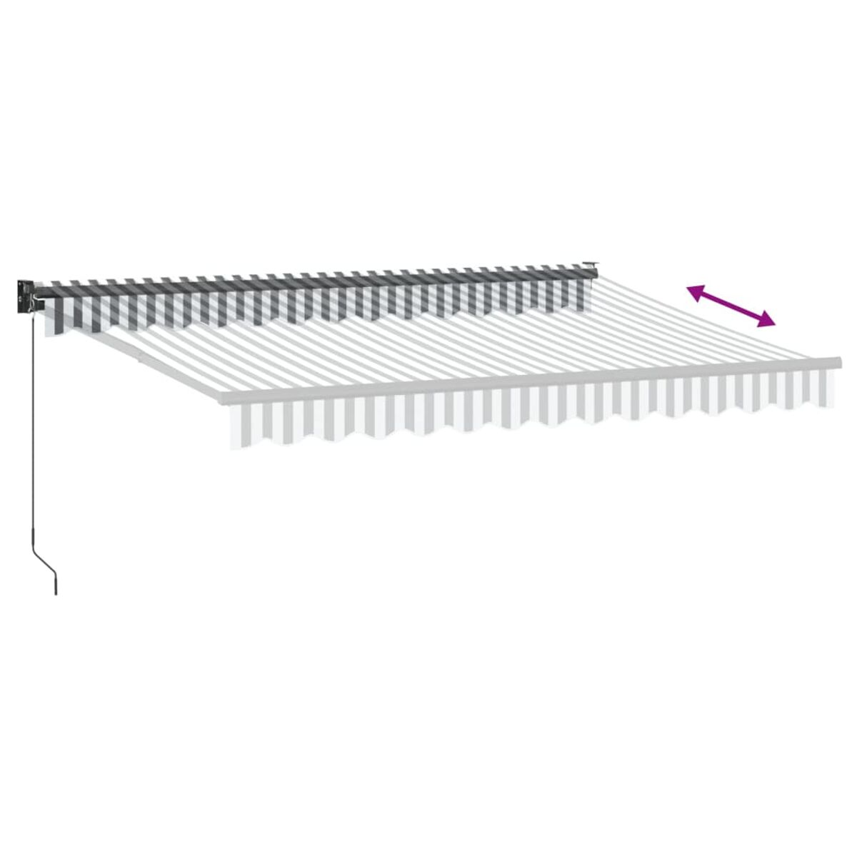 Tenda da sole a strisce bianche e grigie. Le frecce mostrano che la tenda può essere estesa.