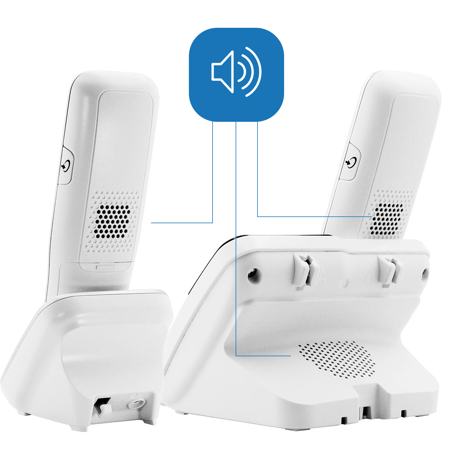Weiße schnurlose Telefonbasis und Handgeräte, mit einem Lautsprechersymbol.