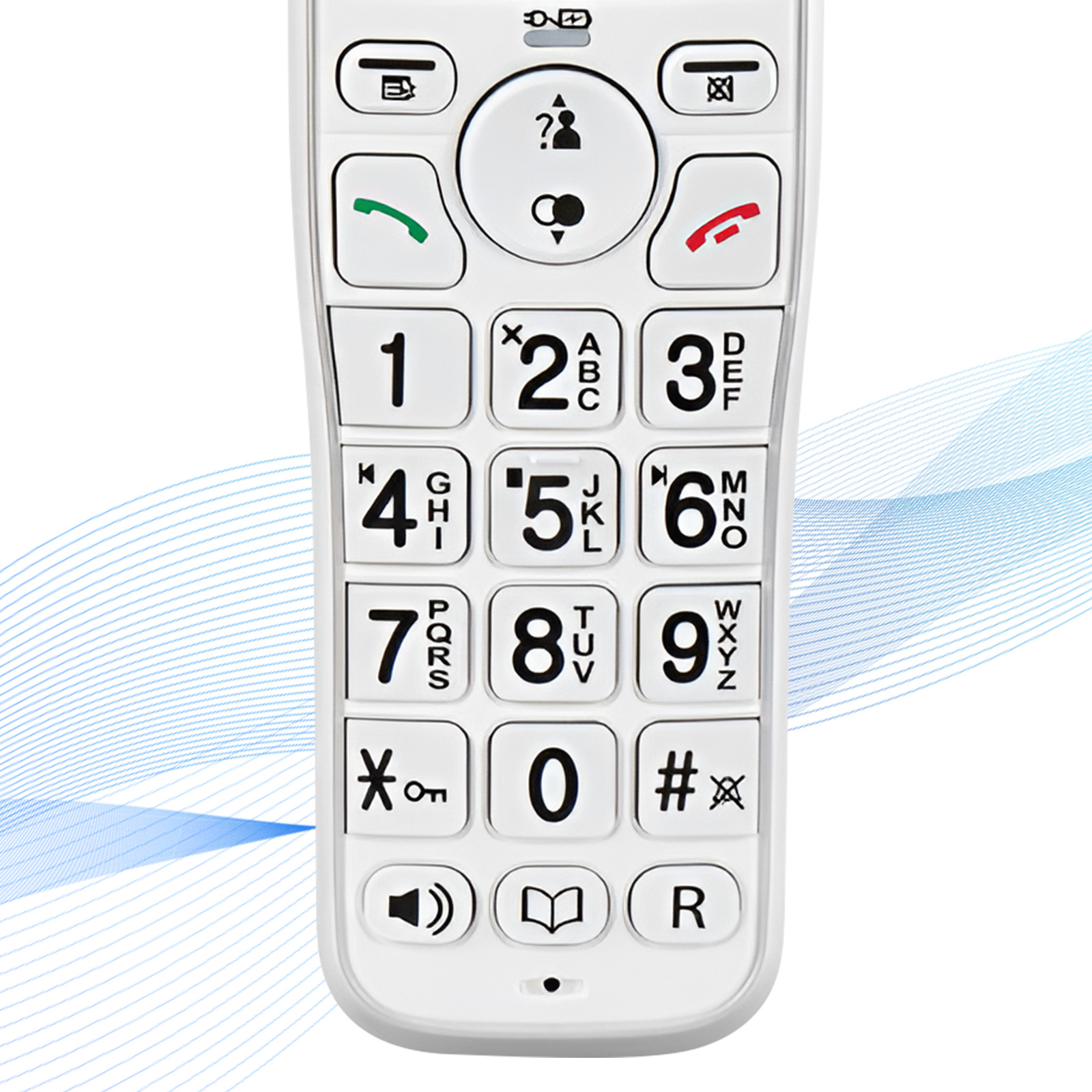 Weißes Telefon mit großen Tasten. Zahlen 1-9, 0 und Symbole. Tasten: Lautsprecher, Buch und R. Grüne und rote Anruftasten.