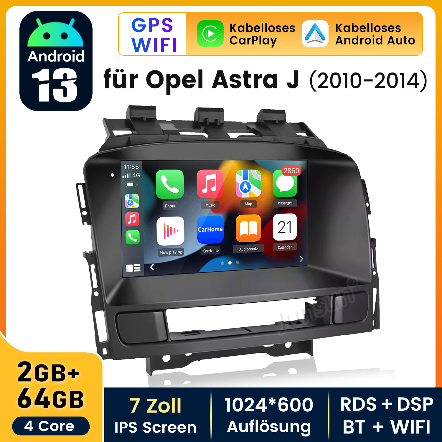 Autoradio mit Android 13, GPS, WLAN und CarPlay. Bildschirm zeigt App-Symbole. Text: 'für Opel Astra J (2010-2014)'.