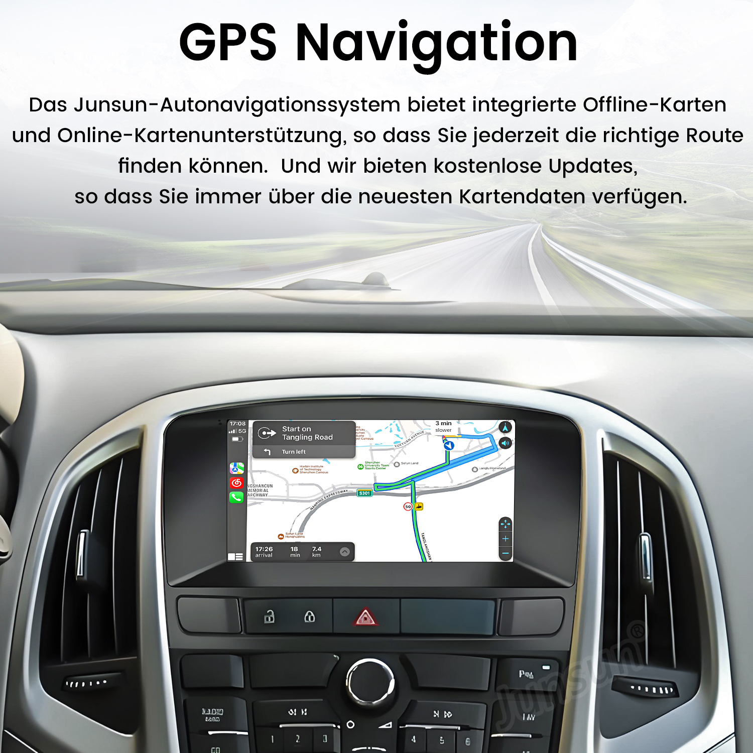 Armaturenbrett mit GPS-Navigation. Text auf Deutsch. Straßenansicht.
