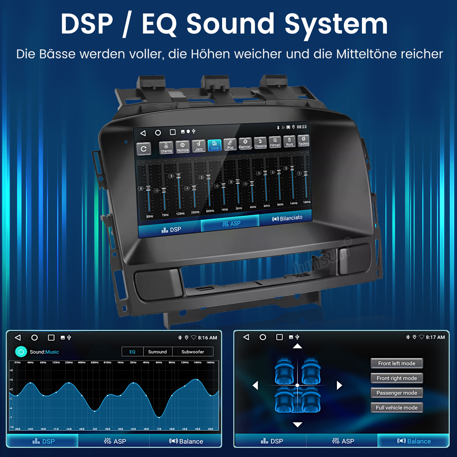 Autoradio mit EQ-Bildschirm. Zeigt Audioeinstellungen und Auto Umgebung.