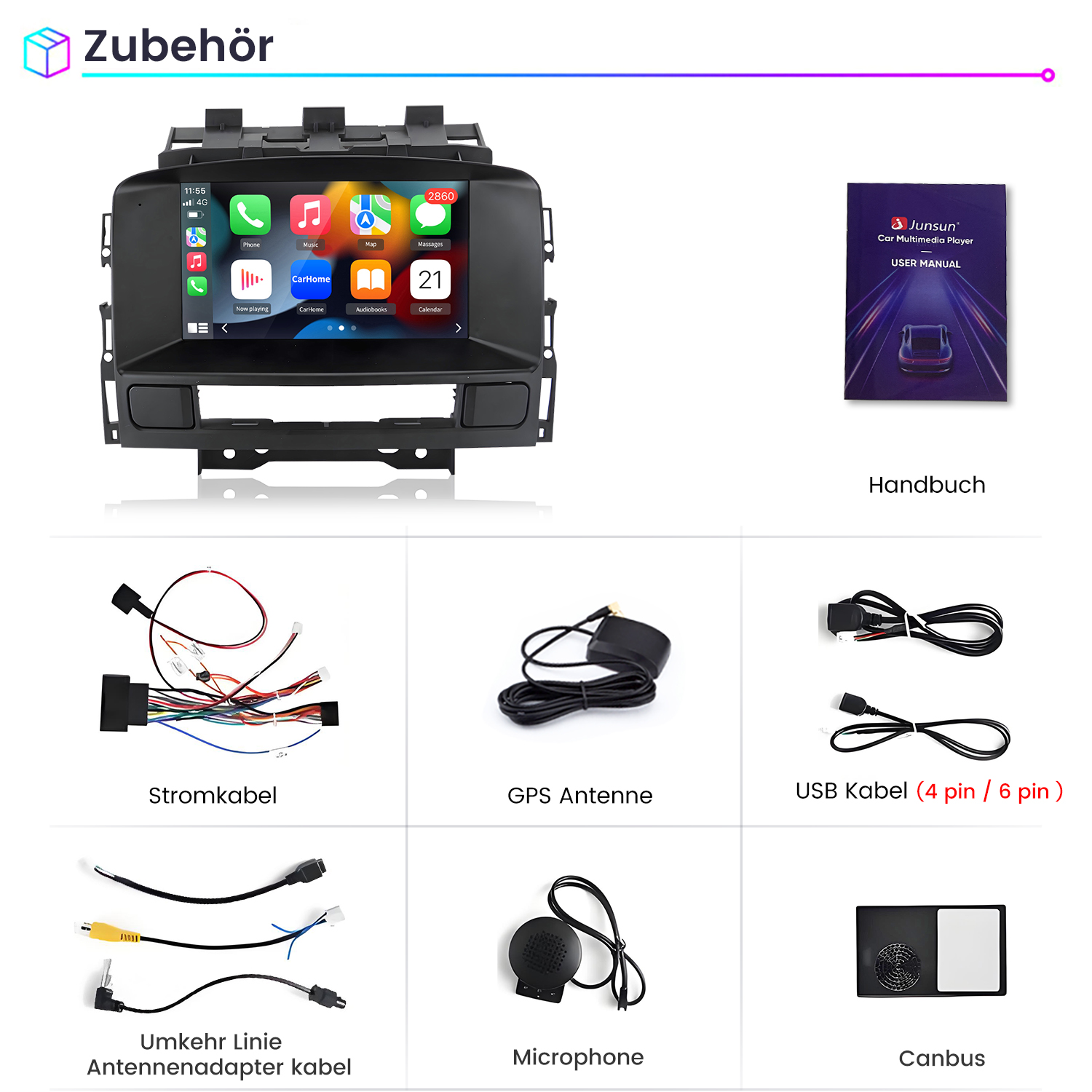 Car-Multimedia-Player mit Kabeln, Handbuch und anderem Zubehör.