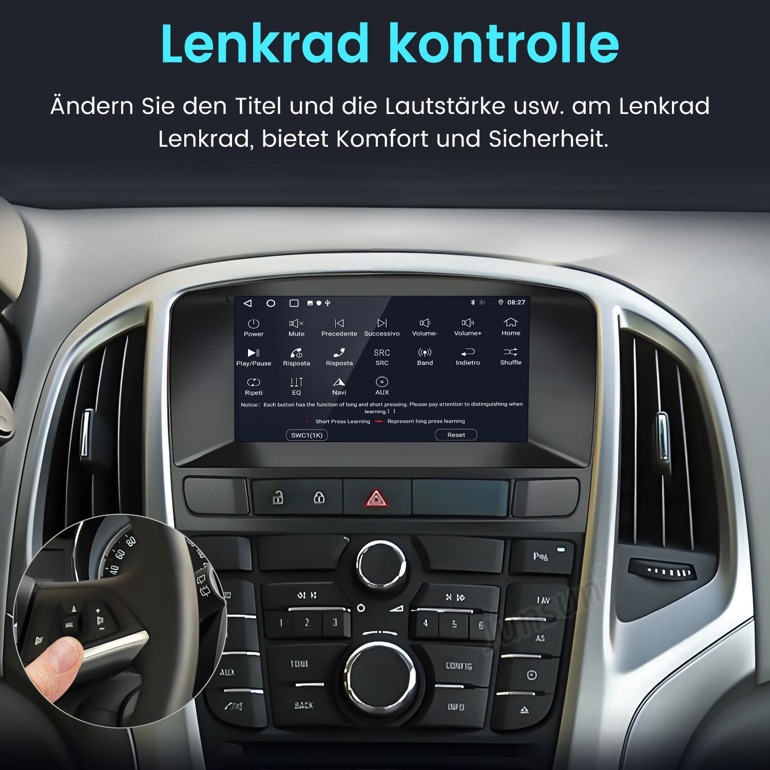 Armaturenbrett eines Autos mit Bildschirmeinstellungen. Hand zeigt auf Lenkradtaste. Text auf Deutsch.
