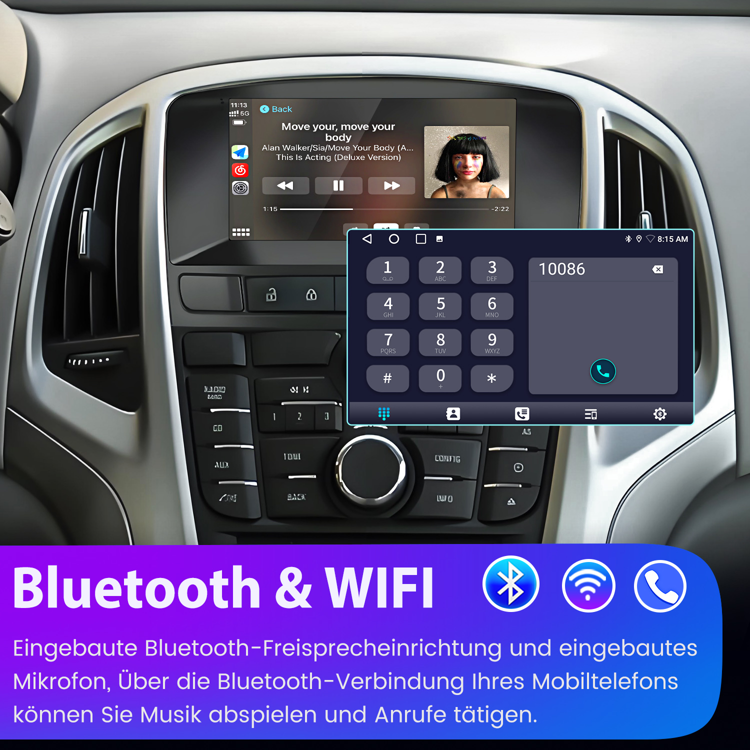 Auto-Infotainment-Bildschirm mit Telefontastatur und Musikplayer-Oberfläche.