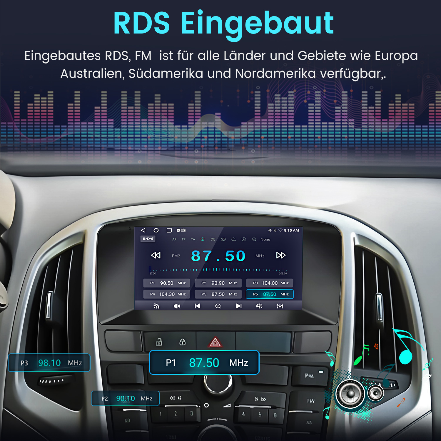 Armaturenbrett mit Bildschirm mit Radiodaten. Text und Grafiken. Schwarz und blau.
