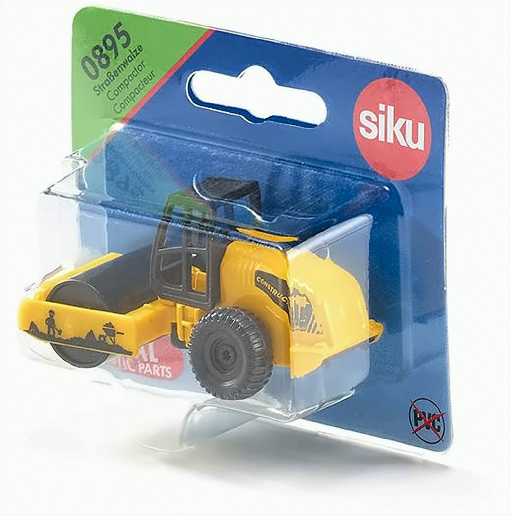 Zabawkowy walec drogowy w opakowaniu. Żółty i czarny. Opakowanie zawiera napis 'Straßenwalze Compactor' i logo SIKU.