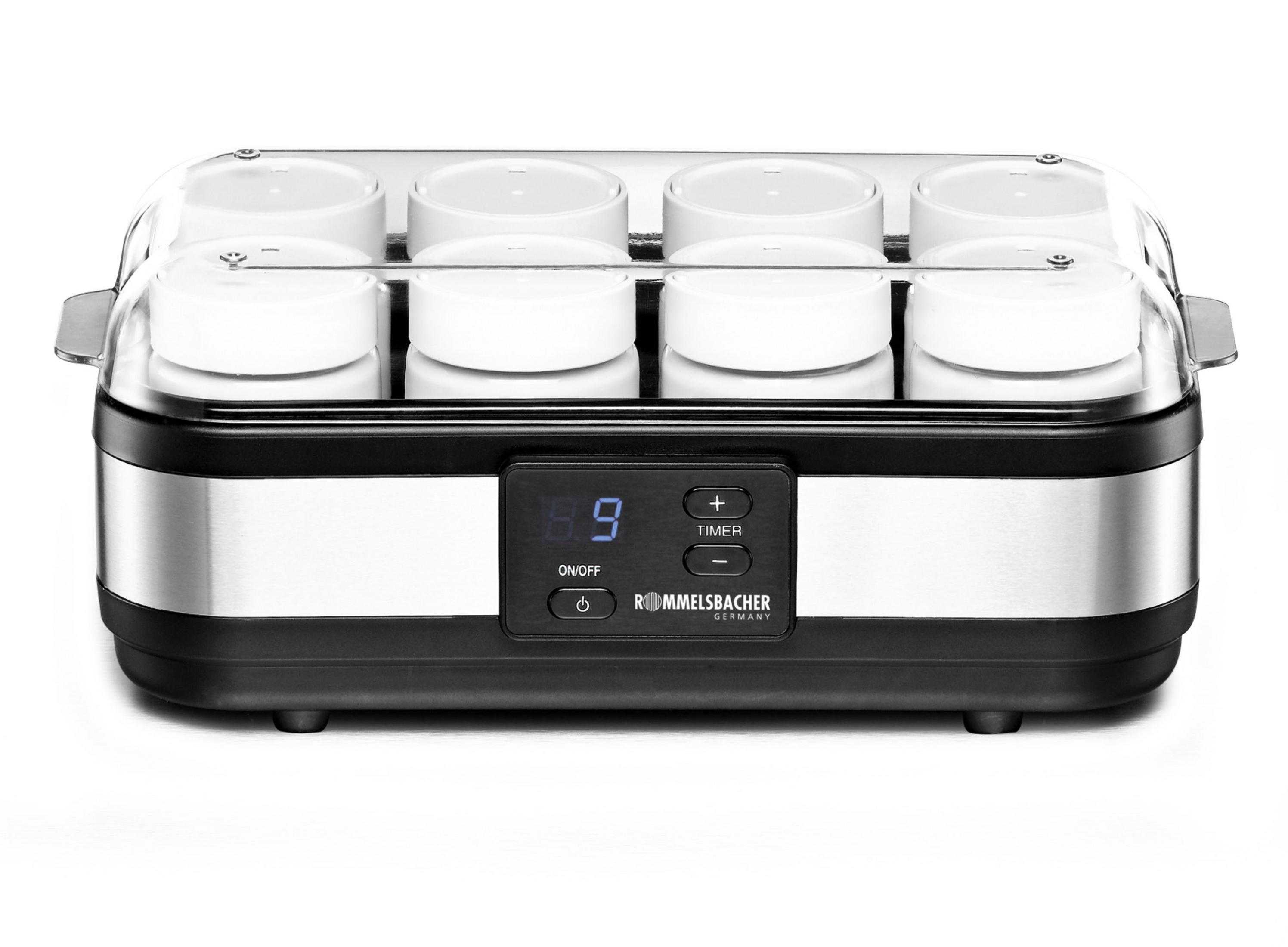 Joghurtbereiter mit acht weißen Bechern. Mit Digitalanzeige und Ein/Aus-Taste.