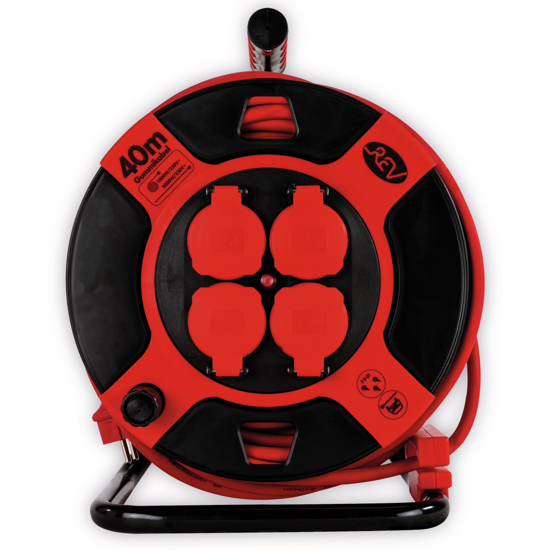 Czerwono-czarna szpula kablowa z czterema gniazdami. Szpula ma czarny uchwyt, a tło jest białe.