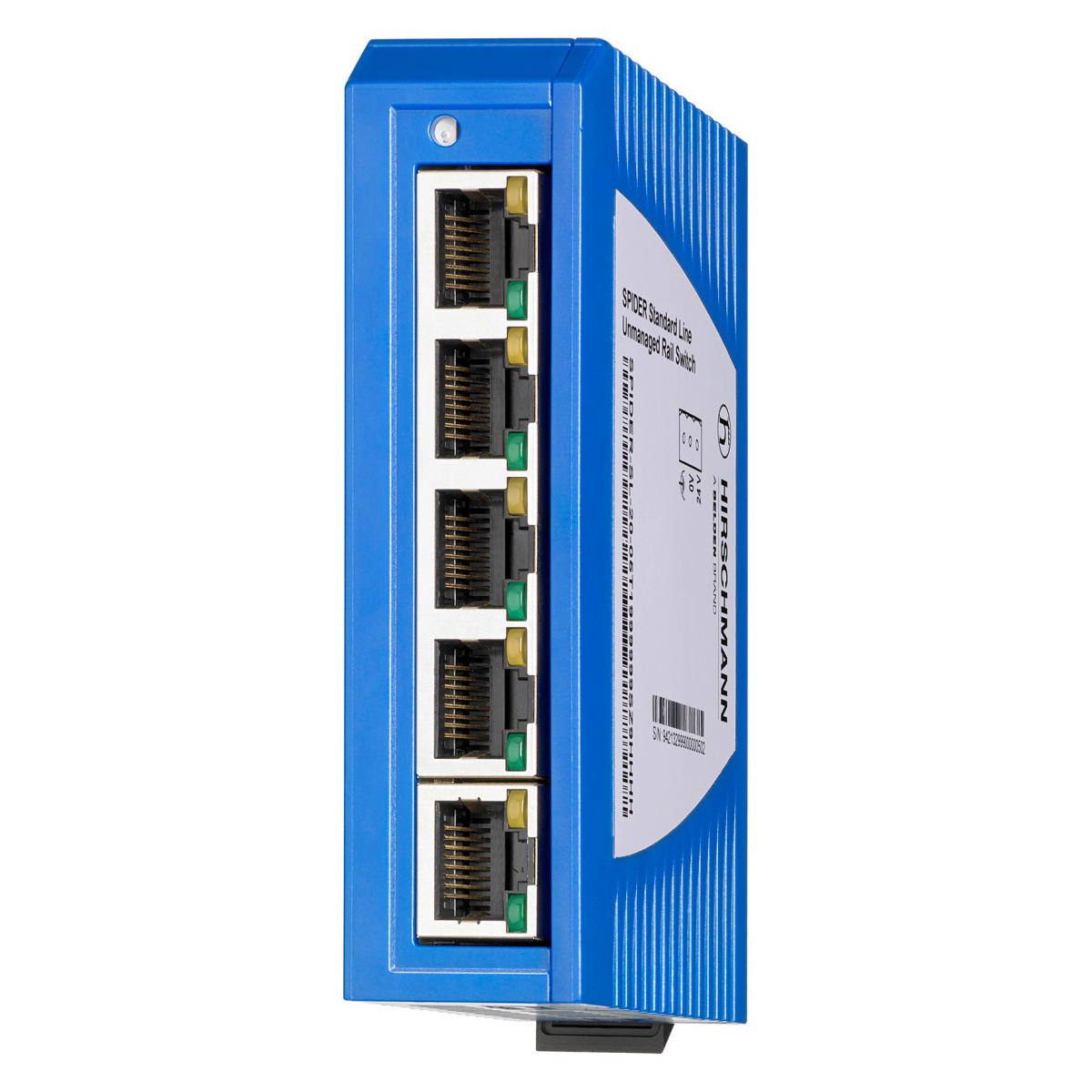 Blauer Netzwerk-Switch mit fünf Anschlüssen. Schwarze Anschlüsse und weißer Text auf der Vorderseite.