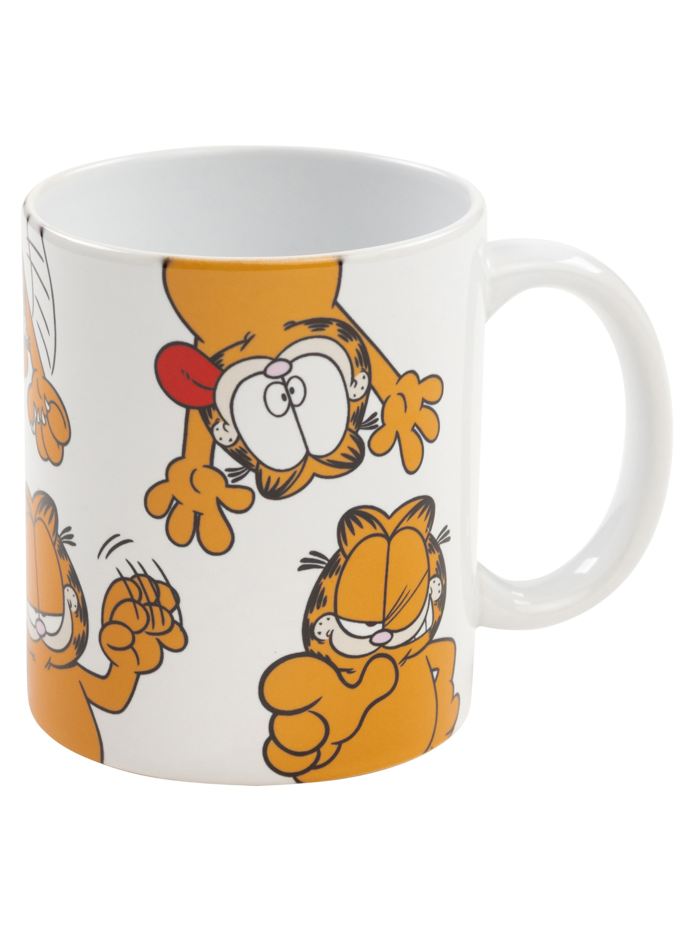 Eine weiße Tasse mit Garfield-Cartoon-Illustrationen. Die Tasse hat einen Henkel und steht auf weißem Hintergrund.