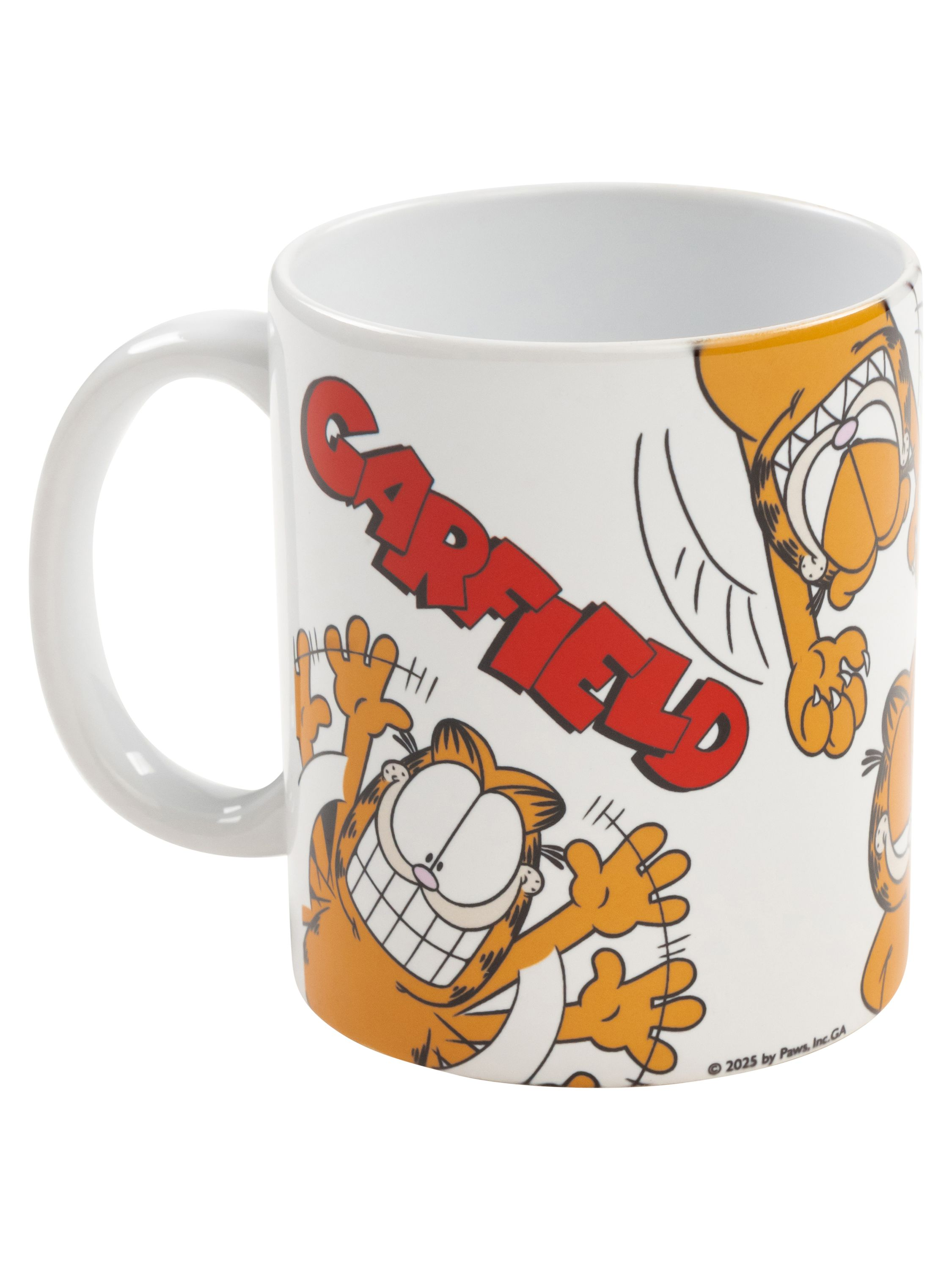 Eine weiße Garfield-Tasse mit Garfield-Bildern und Text. Sie hat einen weißen Griff.