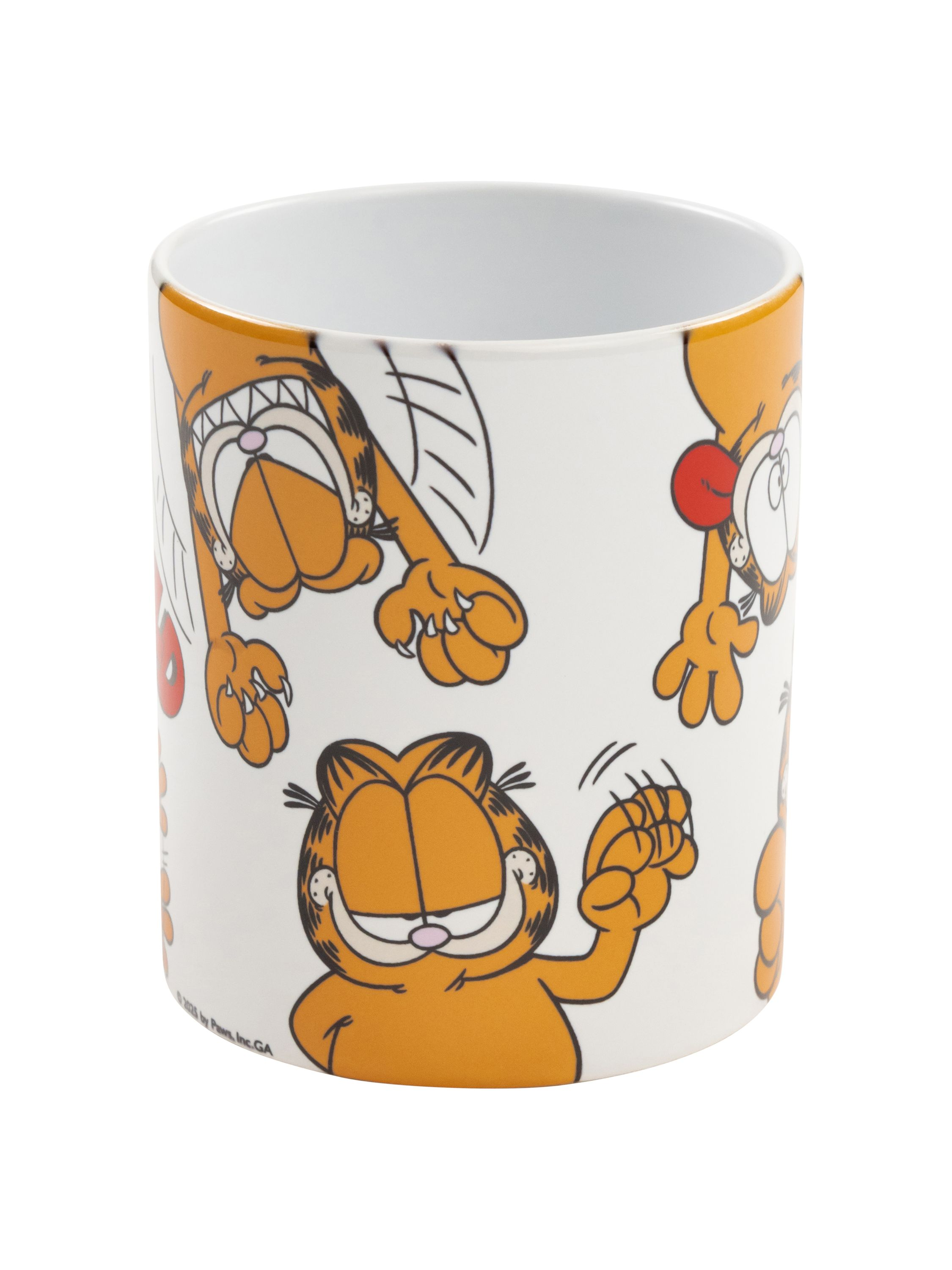 Weißer Garfield-Becher mit mehreren Garfield-Bildern.