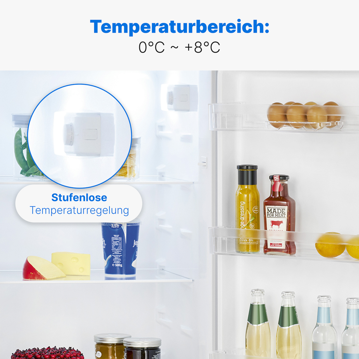 Innerhalb eines Kühlschranks mit Lebensmitteln, Temperaturregelung und Bereichsbezeichnungen.