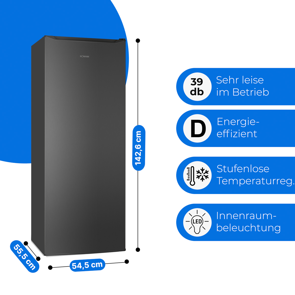 Schwarzer Kühlschrank mit Maßen. Enthält Energieeffizienz- und LED-Beleuchtungssymbole.