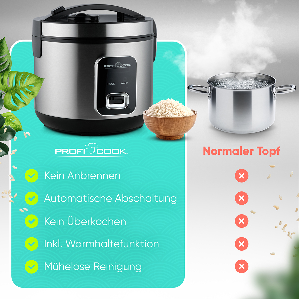 Srebrny garnek do ryżu z ryżem i warzywami. Obok garnek wrzącej wody.