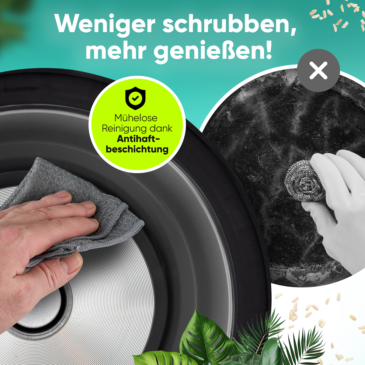 Ręka osoby wyciera garnek szarą szmatką, obok wełny stalowej i ziaren ryżu.