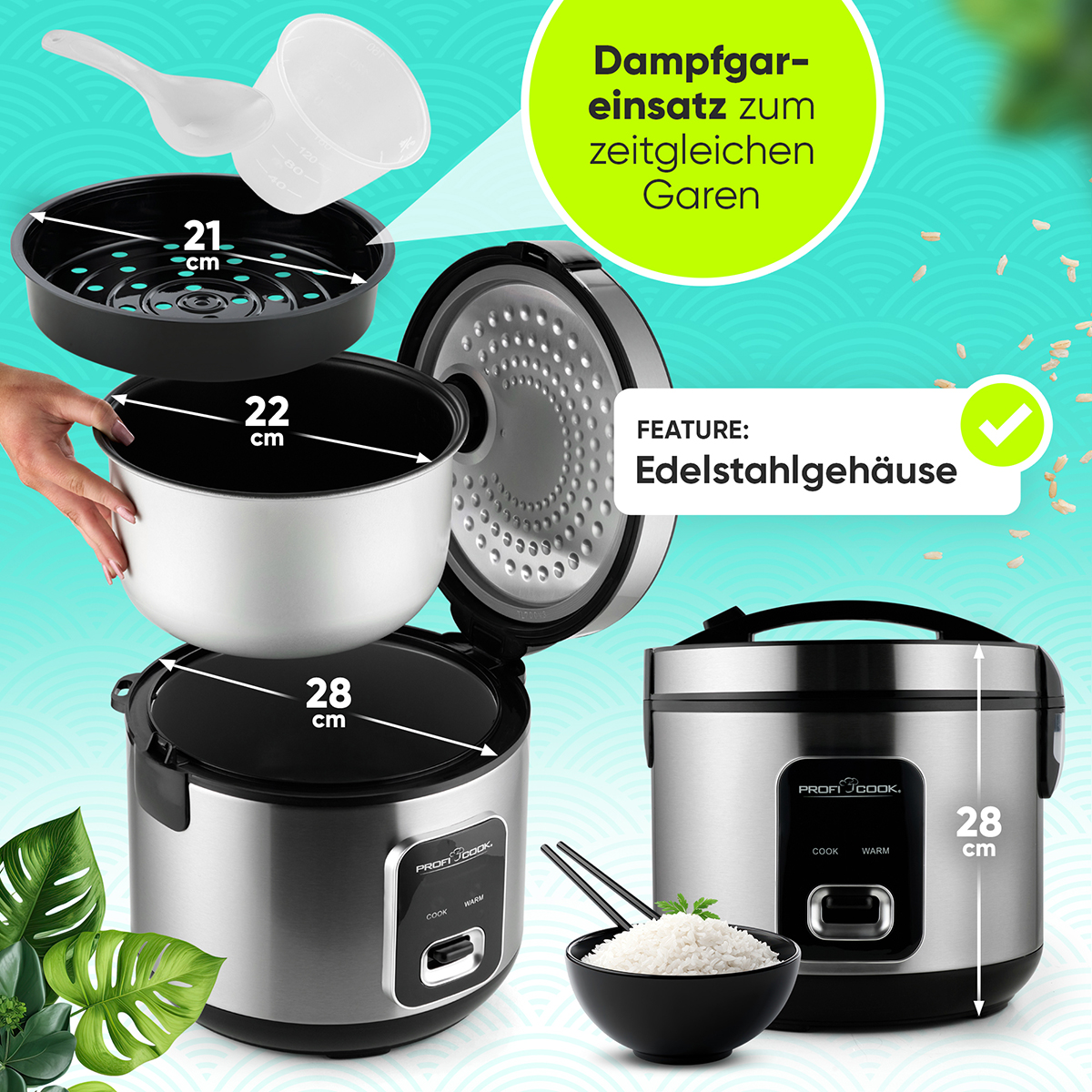 Urządzenie do gotowania ryżu ze składnikami i wymiarami w zbliżeniu na białym tle.