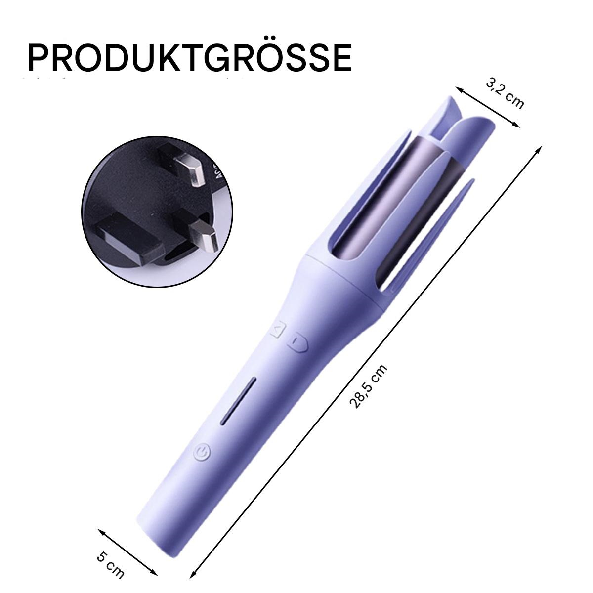 Ein lila Lockenwickler mit Stecker. Die Abmessungen sind ebenfalls angegeben.