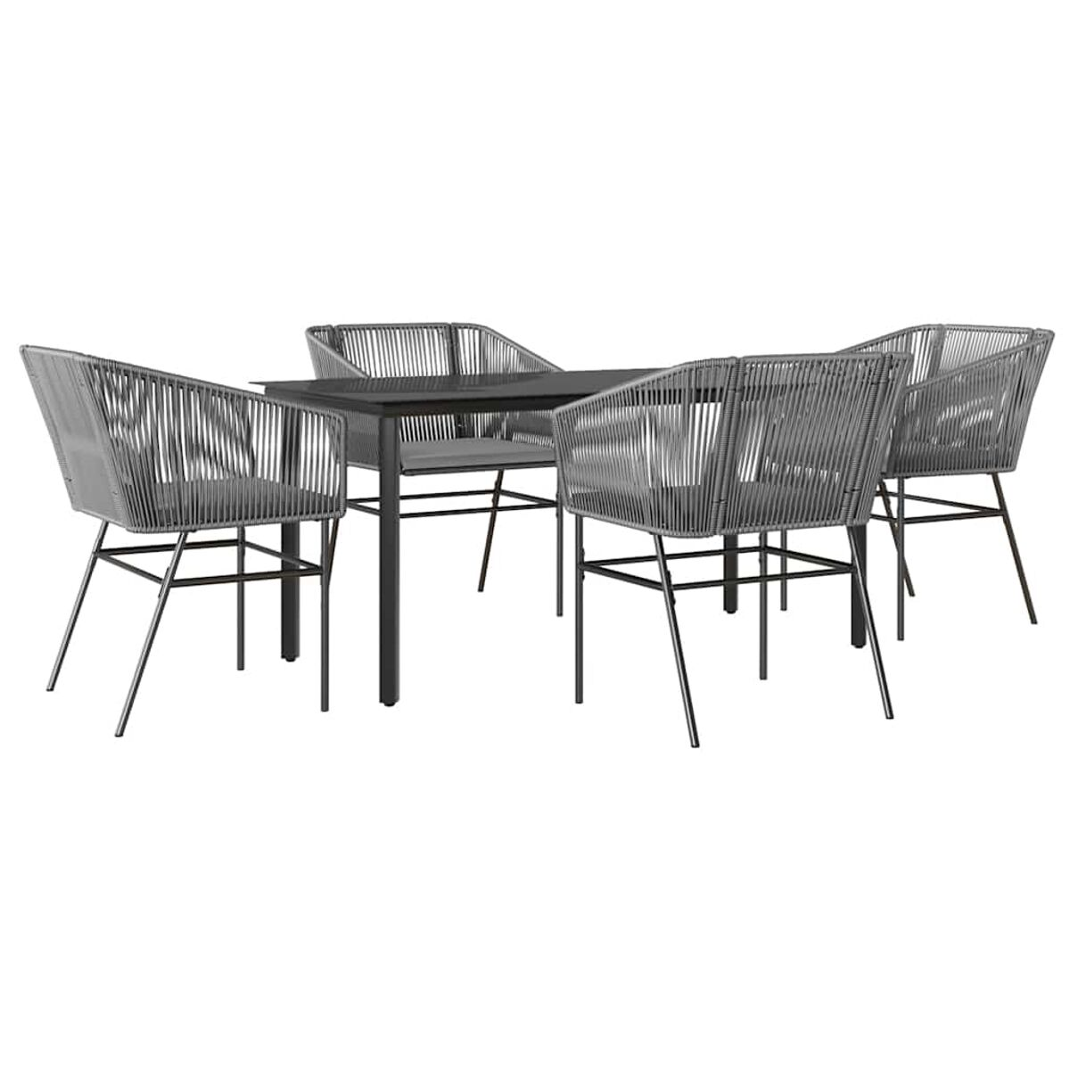 Un set da pranzo per esterni con quattro sedie e un tavolo. Le sedie sono grigie e hanno un design a corda.
