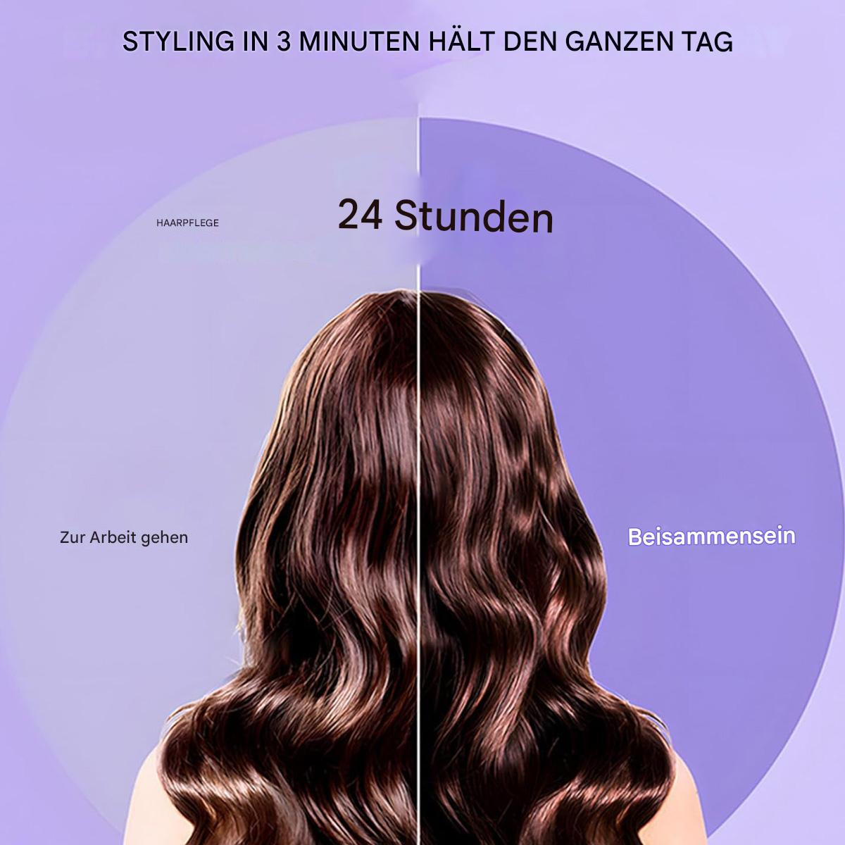 Haarstyling einer Frau mit geteiltem Bild. Links: zur Arbeit. Rechts: zu Hause bleiben.
