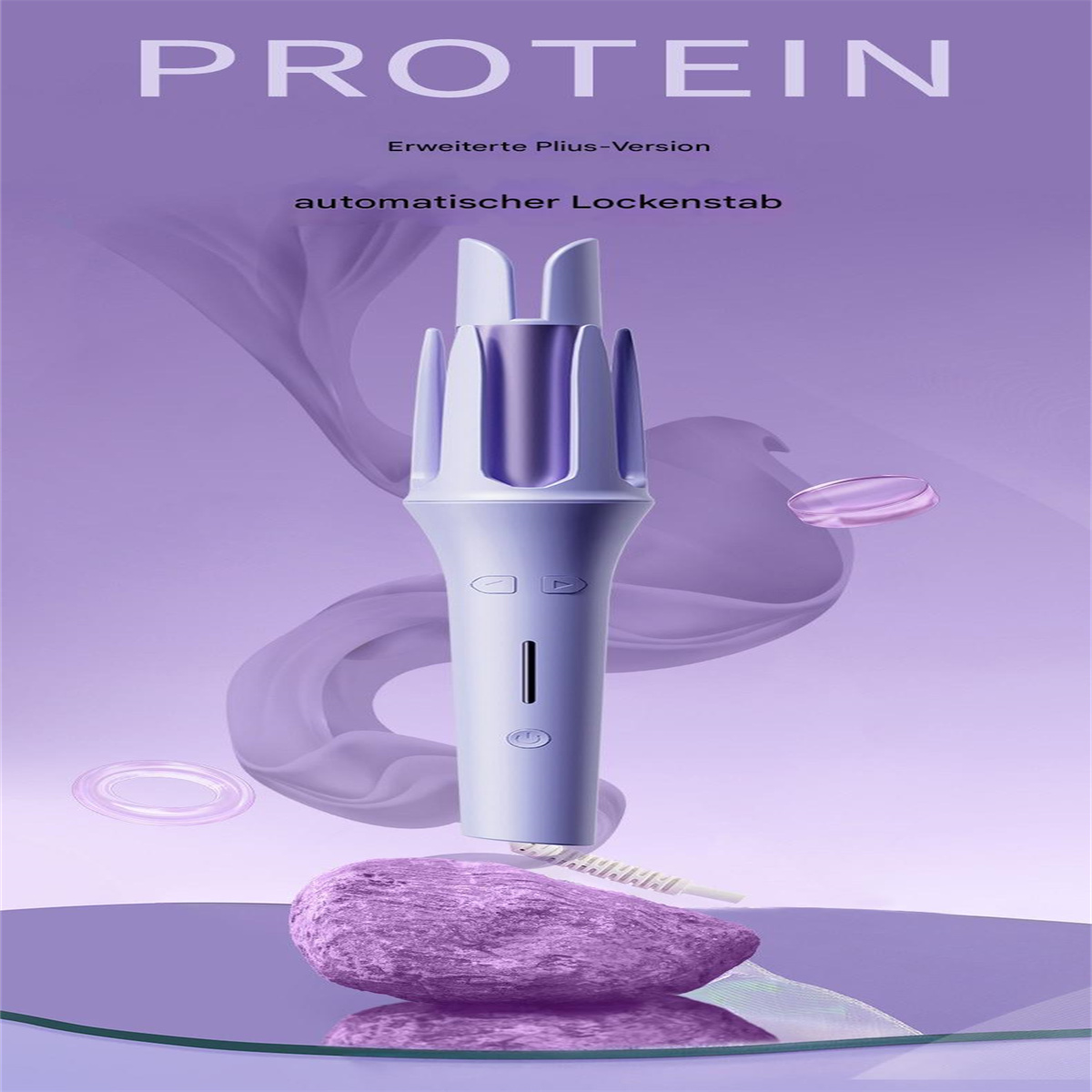 Ein lila Lockenstab. Das Wort PROTEIN steht oben. Der Hintergrund ist lila.