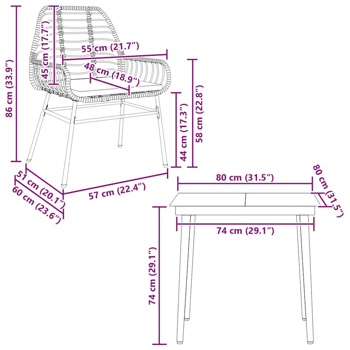 Un diagramma che mostra le dimensioni di una sedia e di un tavolo. Misure in centimetri.