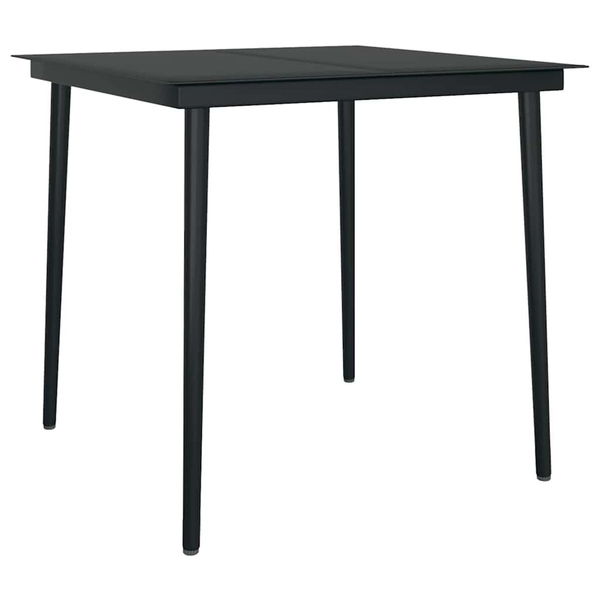 Tavolo quadrato nero con quattro gambe nere.