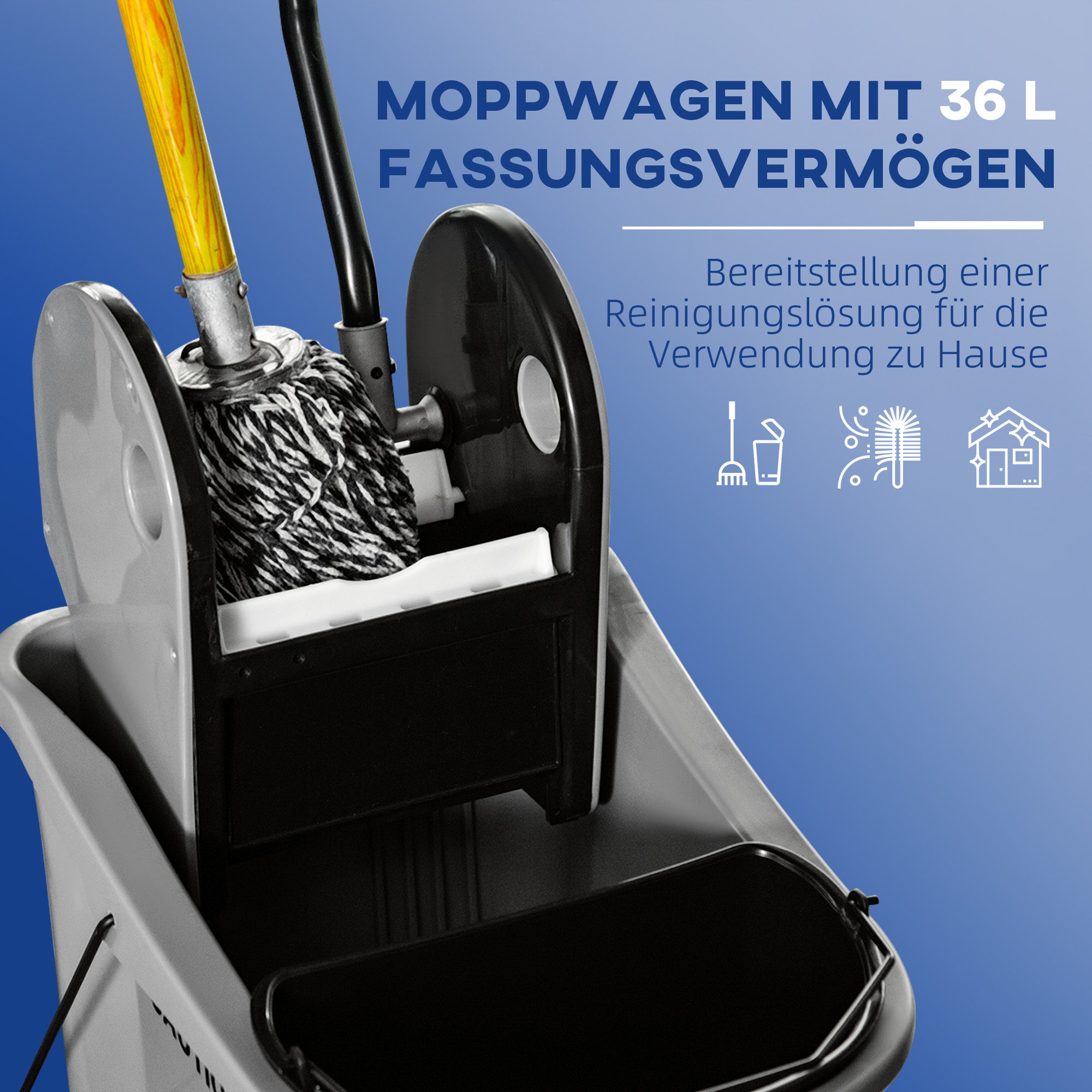 Wischeimer mit deutschem Text. Enthält einen Wischmop, Reinigungslösung und Symbole.