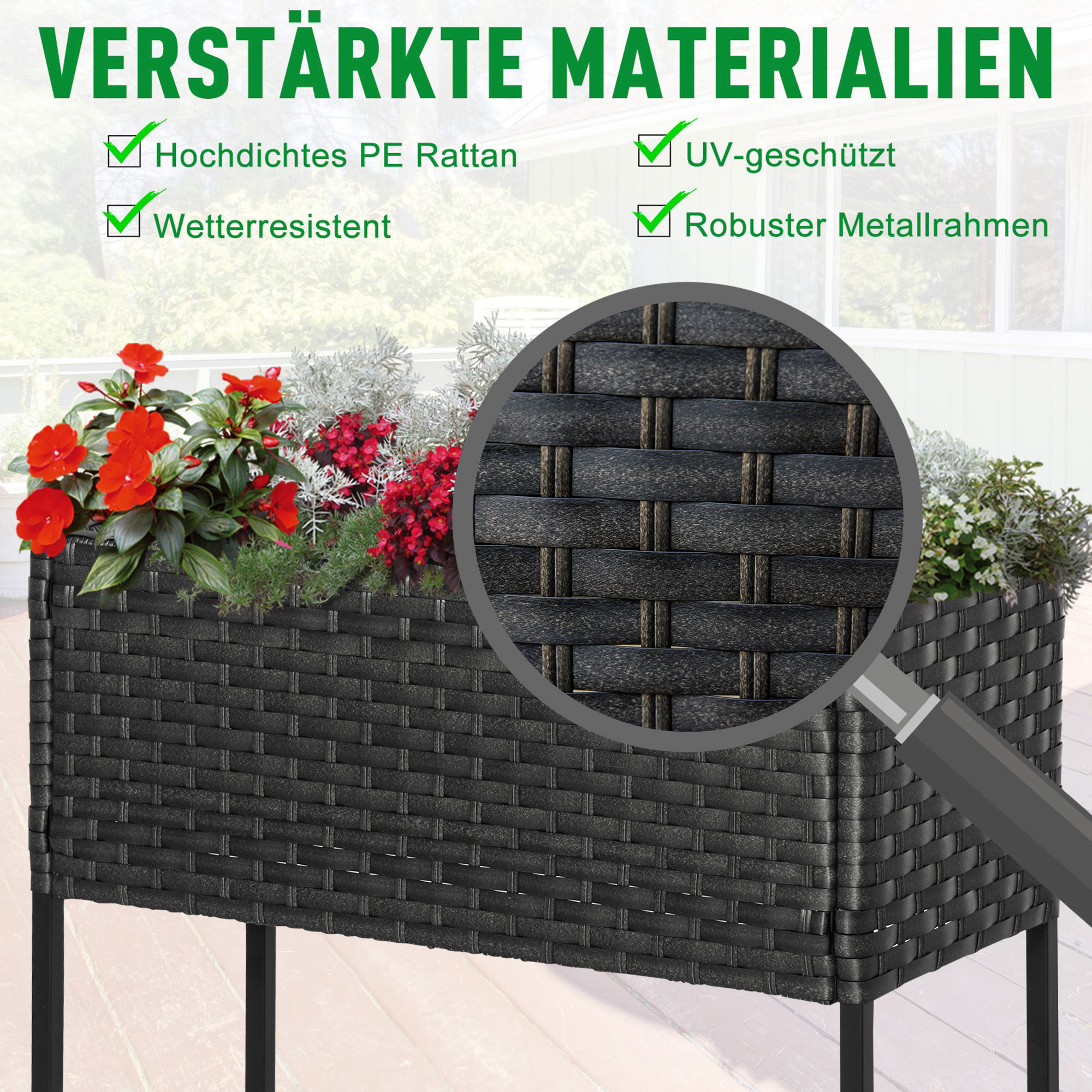 Ein gewebter Pflanzkübel mit roten Blumen, umgeben von Text, der seine Eigenschaften hervorhebt.