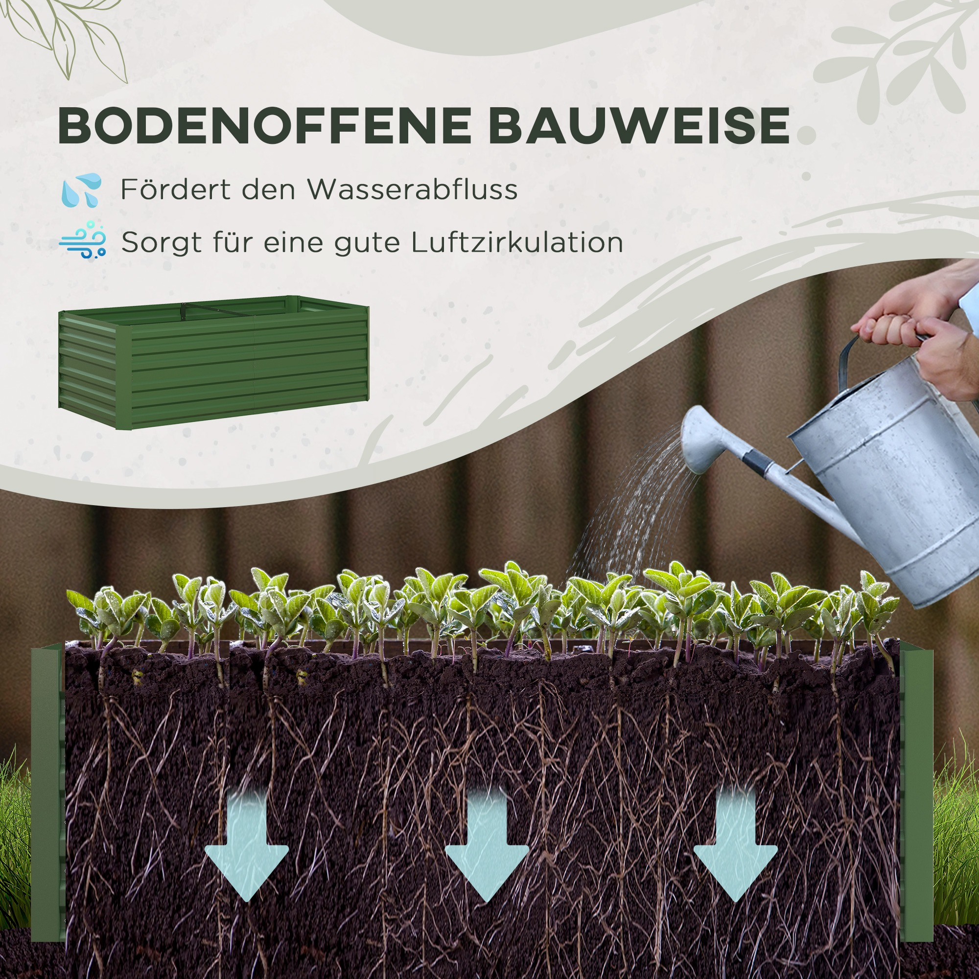 Erhöhtes grünes Beet mit Pflanzen, Wasser wird gegossen.