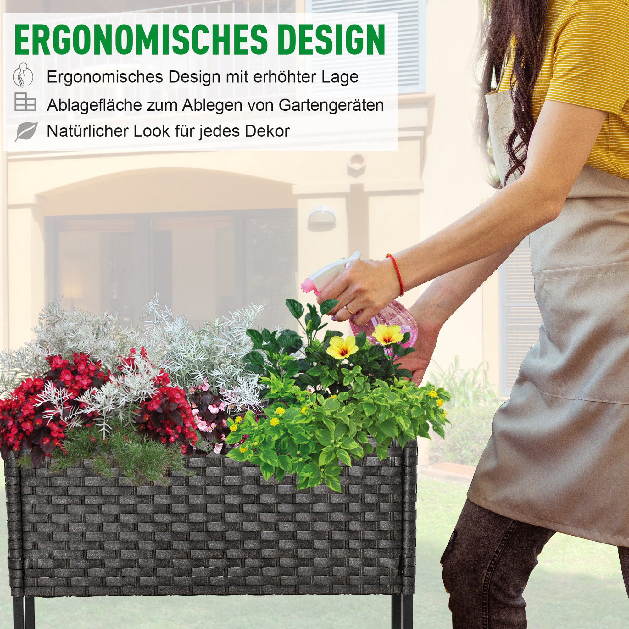 Frau besprüht Blumen in dunkelgrauem Pflanzkasten. Text: Ergonomisches Design.