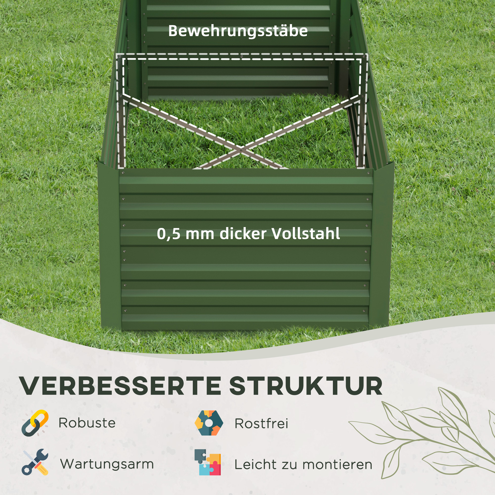 Grünes Hochbeet mit deutschem Text. Zeigt verstärkte Struktur und Merkmale: robust, rostfrei usw.