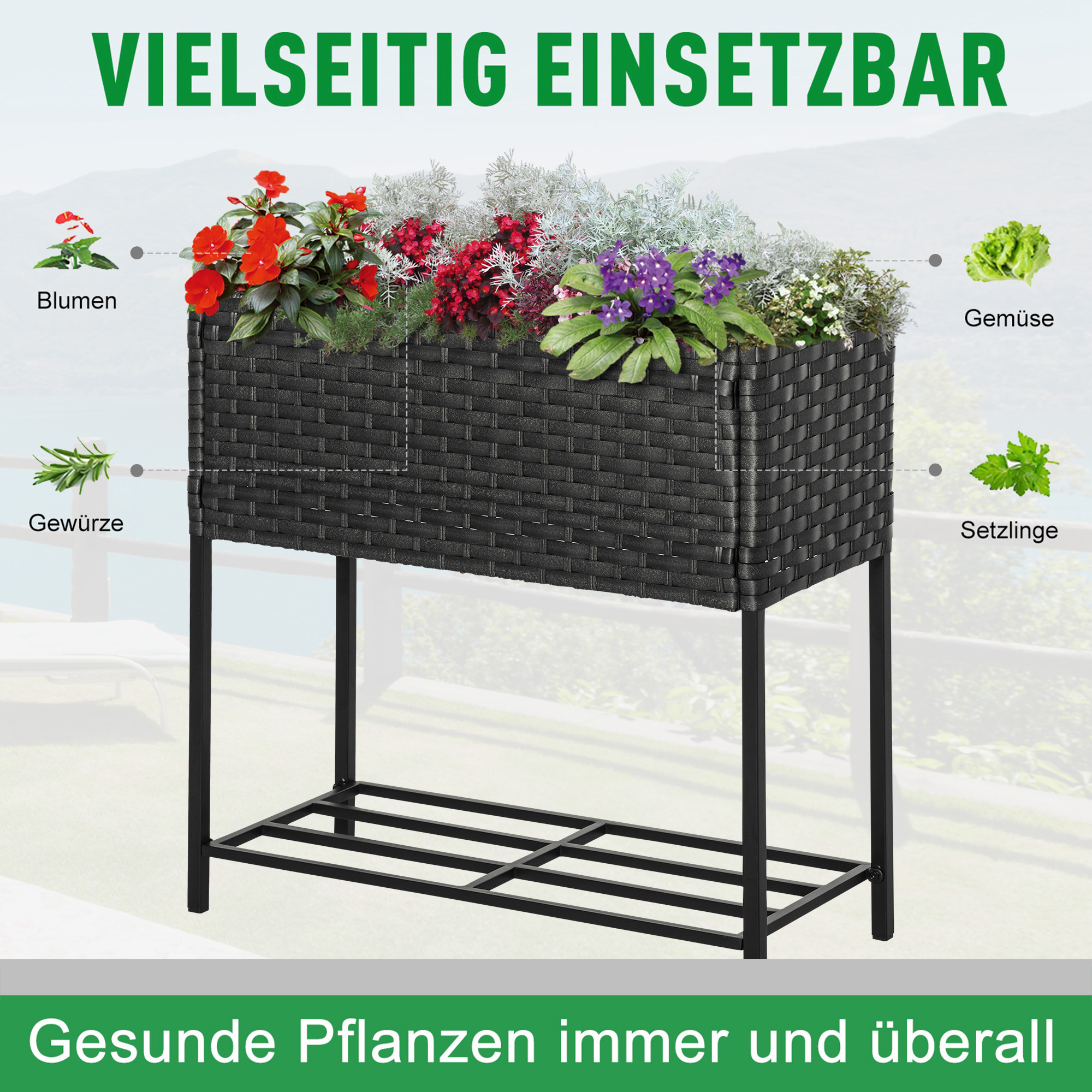 Erhöhtes Gartenbeet mit Blumen, Kräutern und Gemüse. Schwarzer Rahmen mit Regal.