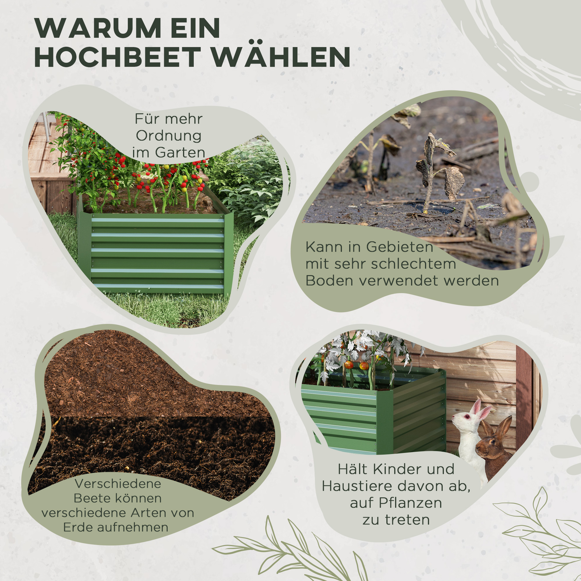Infografik, warum man ein Hochbeet wählen sollte, mit Bildern und Text auf Deutsch.