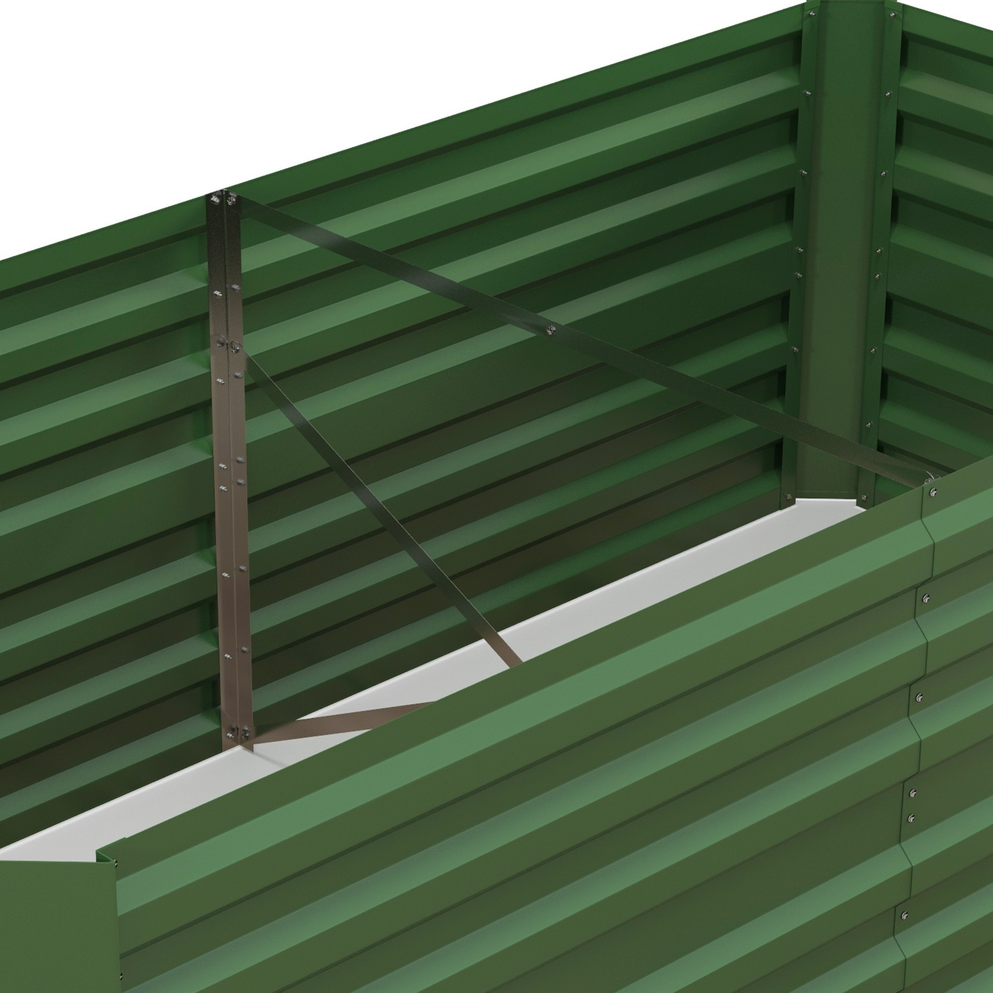 Erhöhtes Gartenbeet aus grünem Metall mit Halterungen. Weißer Innenraum und Wellendesign.