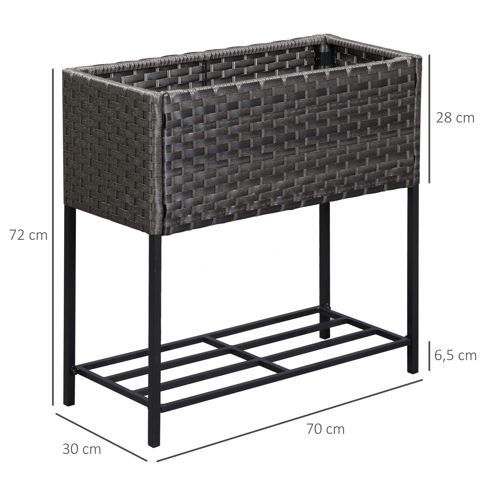 Ein dunkelgrauer Pflanzkasten auf einem schwarzen Metallrahmen. Die Abmessungen werden angezeigt.