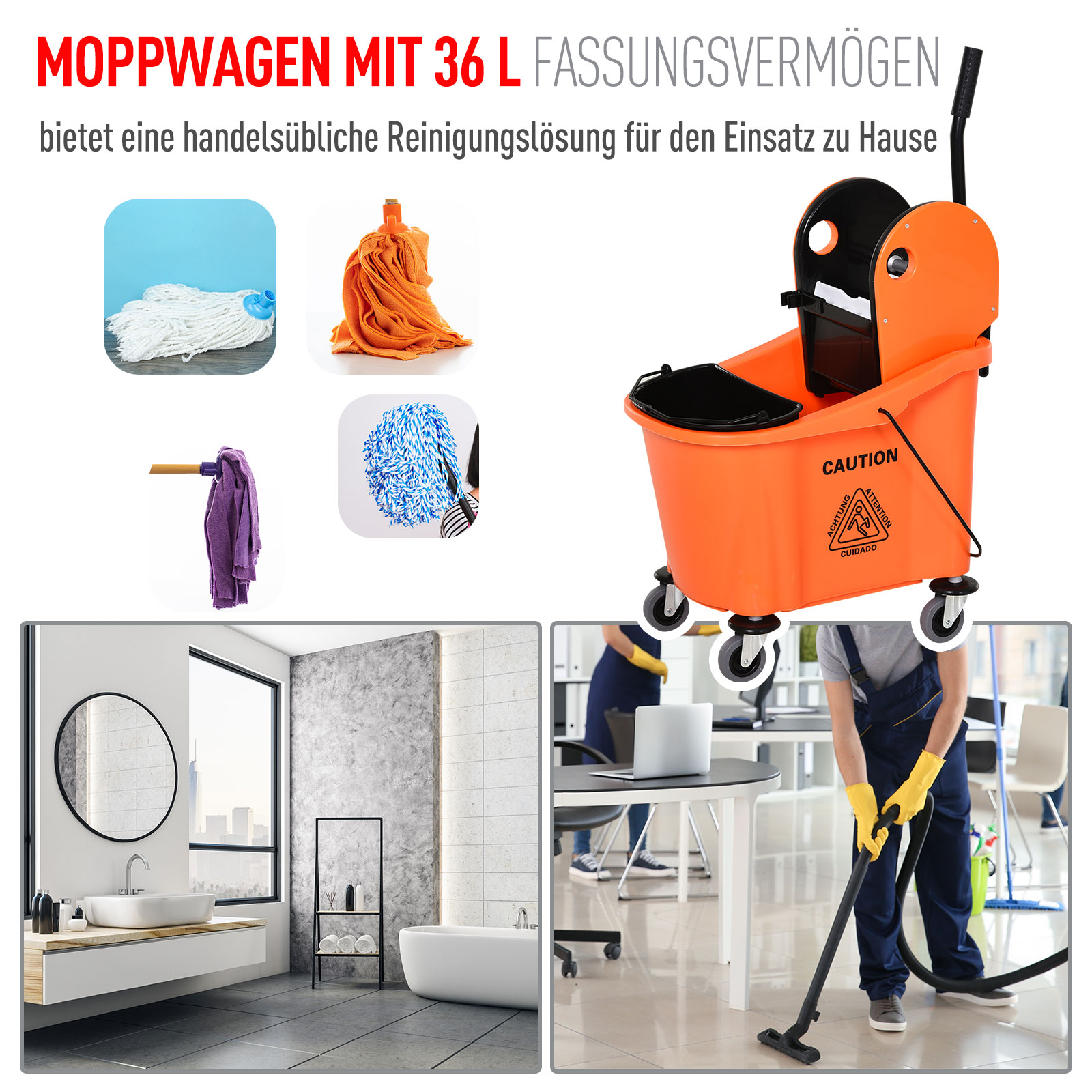 Ein orangefarbener Moppeimer mit Reinigungsmitteln, sowie mehrere Bilder von Mopps und einer Badeszene.