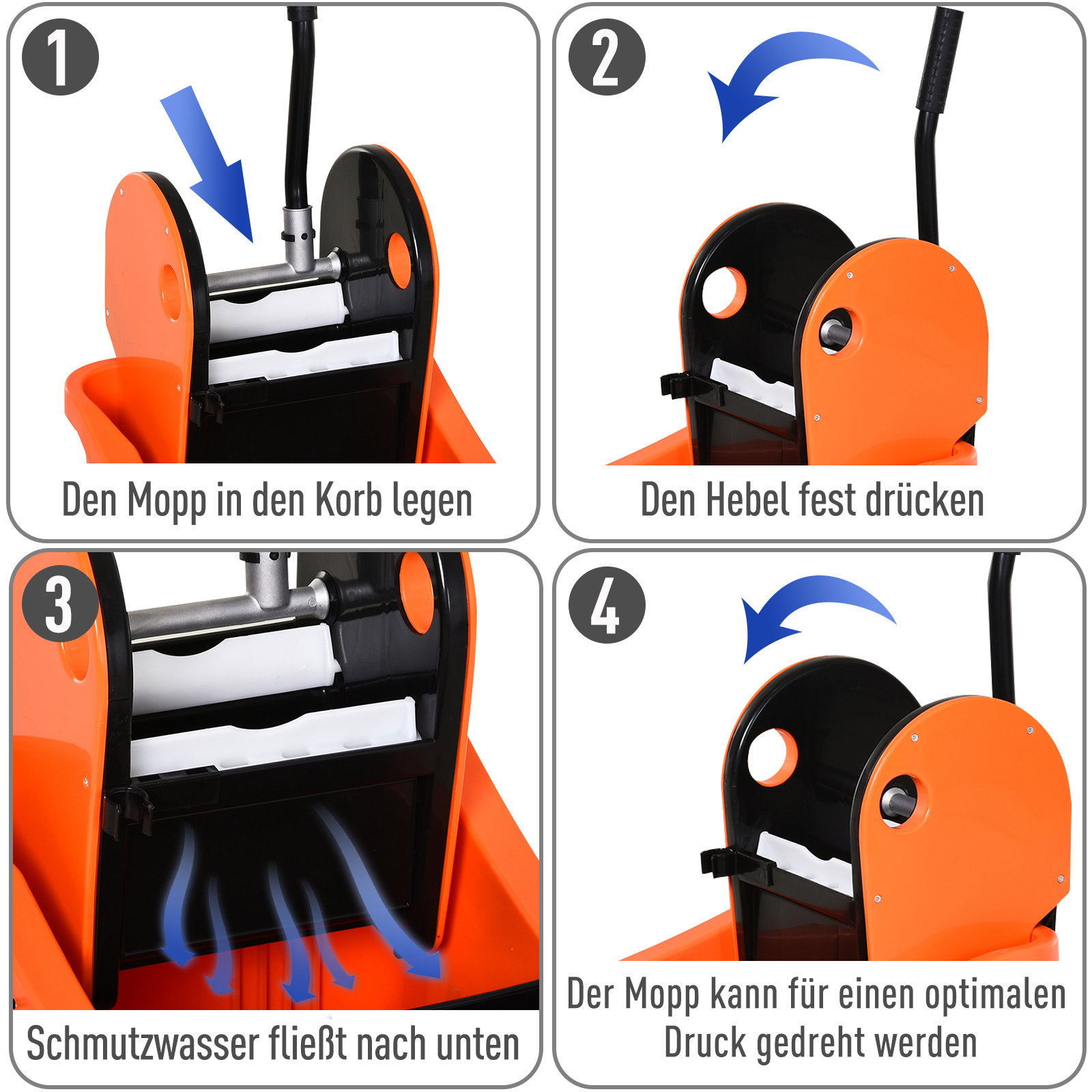 Schritt-für-Schritt-Anleitung zur Verwendung eines Mopps und Eimers mit Pfeilen, die Aktionen anzeigen.
