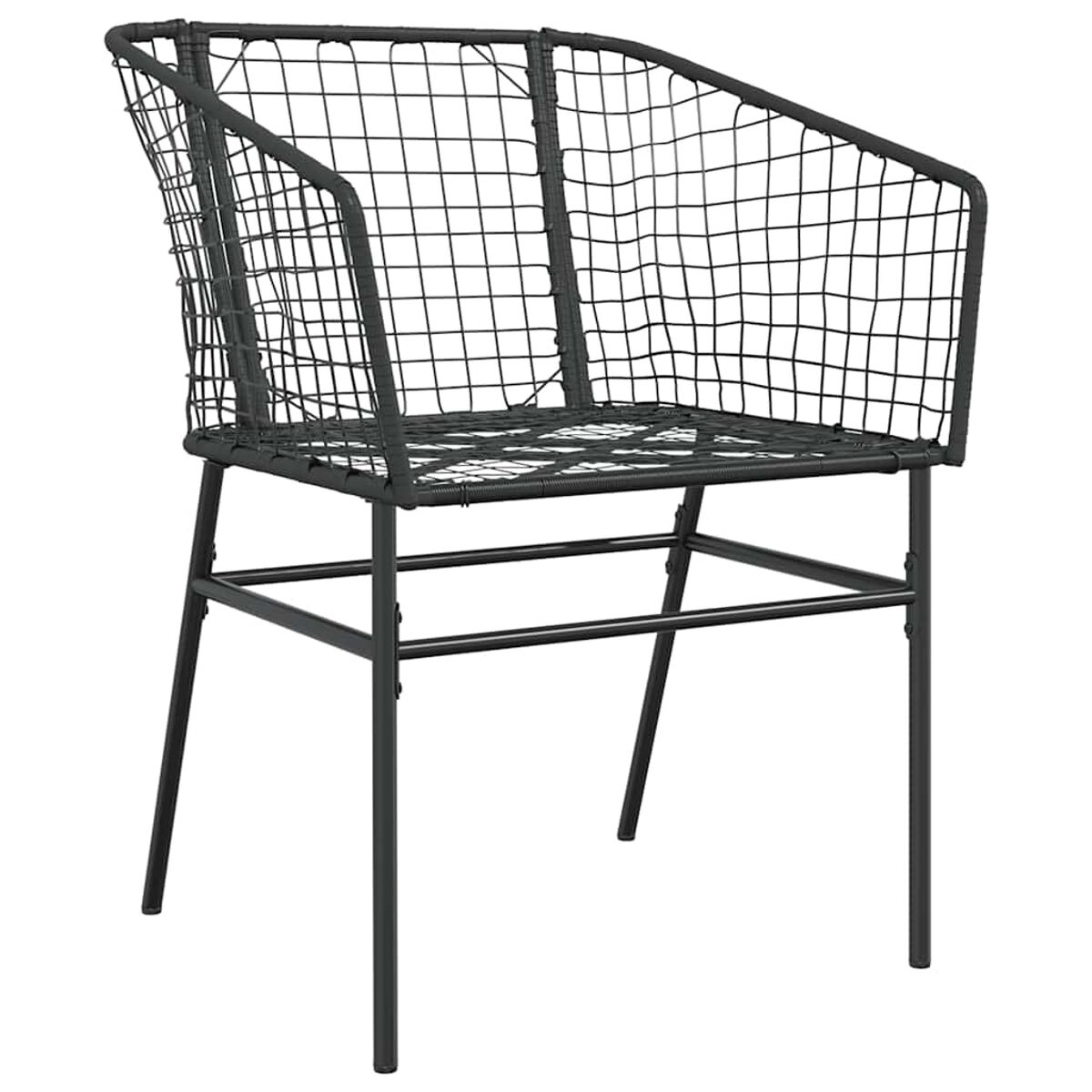 Ein schwarzer Metallstuhl mit Gitter-Sitz und -Rücken vor weißem Hintergrund.