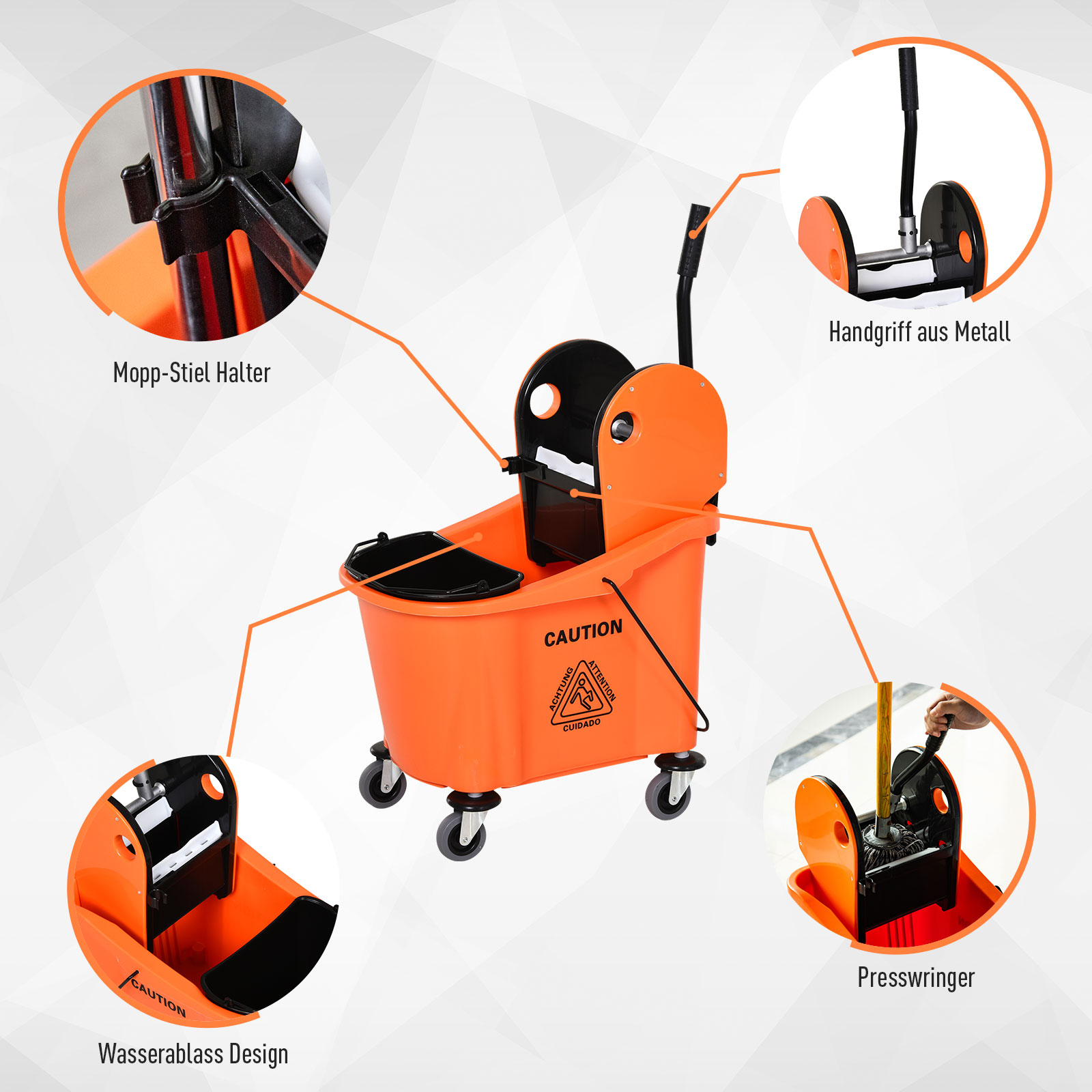 Ein orangefarbener Putzeimer mit Etiketten und Details.
