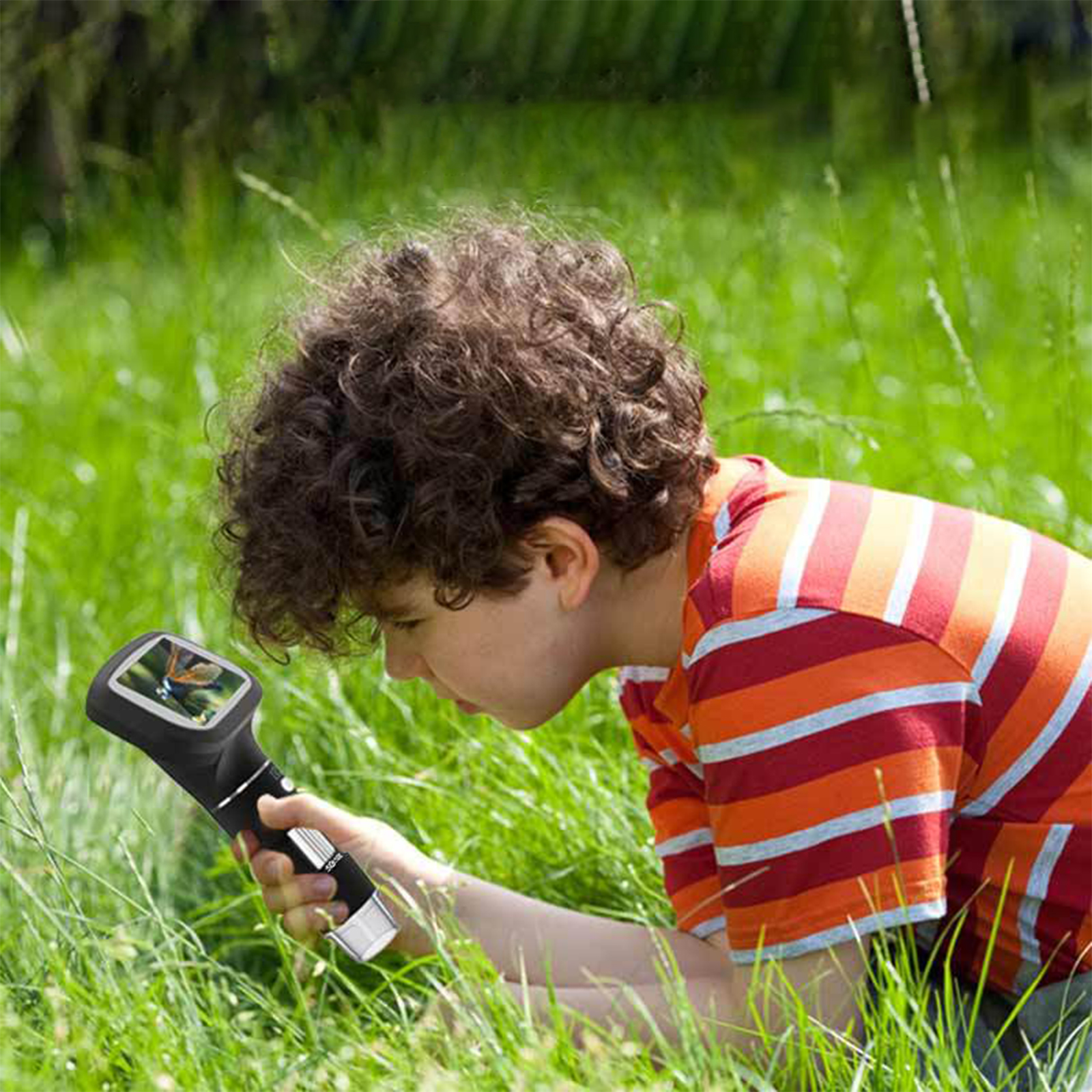 Junge, der durch eine Lupe im Gras schaut.