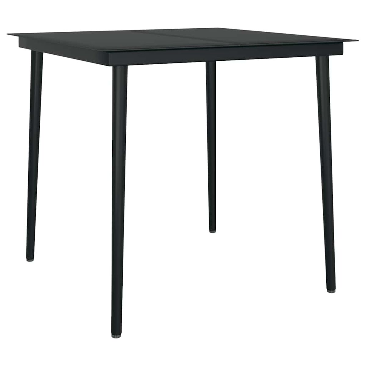 Tavolo quadrato nero, gambe nere. Piano nero. Sfondo bianco.