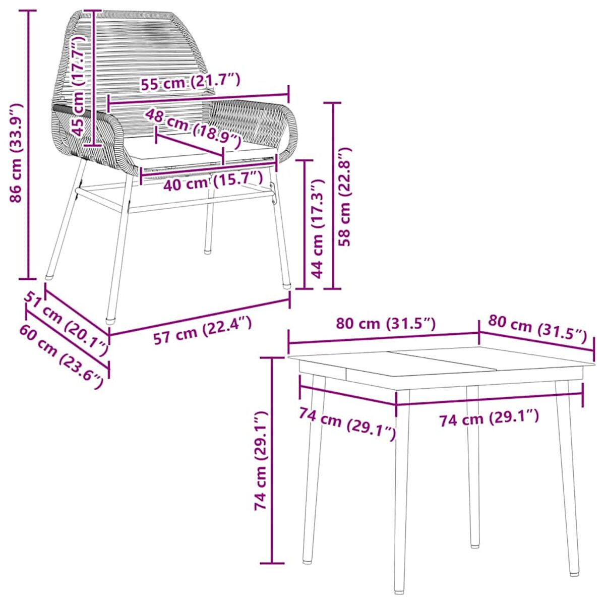 Diagramma di una sedia e un tavolo con misure, sfondo bianco. La sedia ha un design intrecciato.