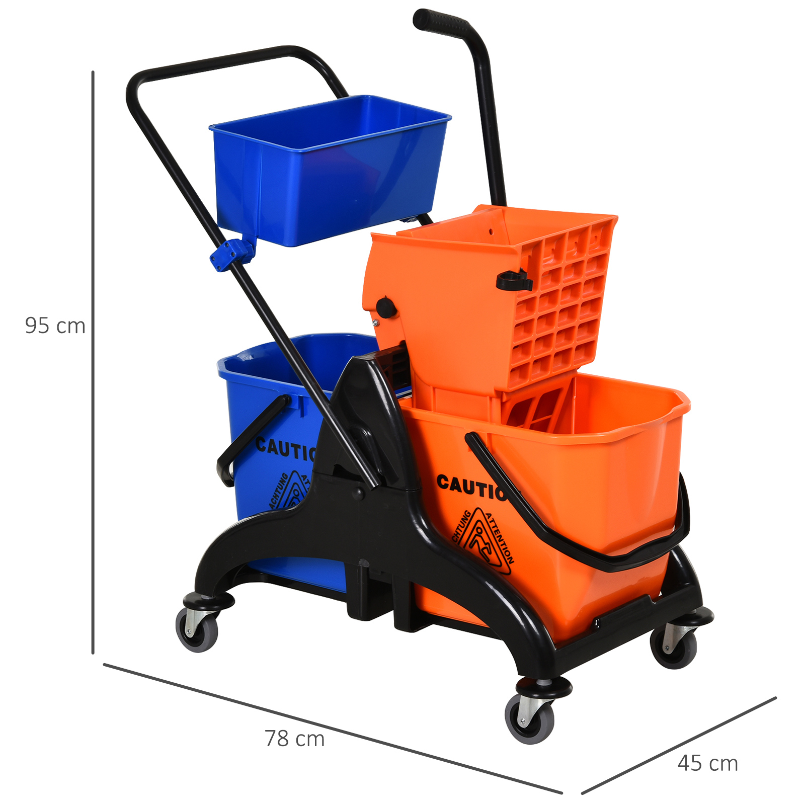 Reinigungswagen mit Eimern und Abmessungen: 95 cm Höhe, 78 cm Breite, 45 cm Tiefe.