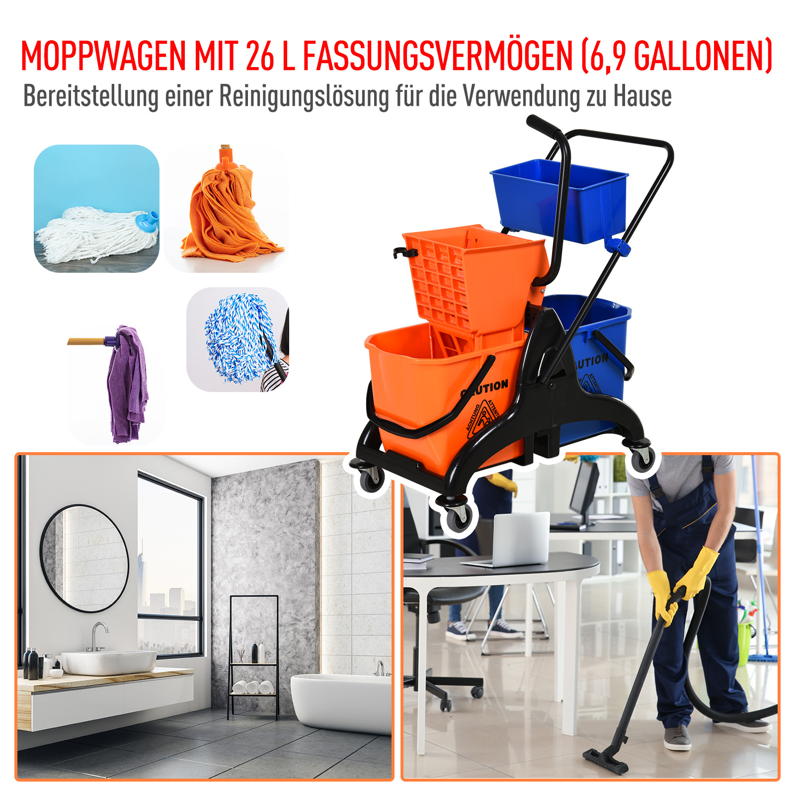 Reinigungswagen mit Eimern, Mopps und Reinigungsmitteln. Gezeigt werden zwei Räume mit Reinigungsaktivitäten.