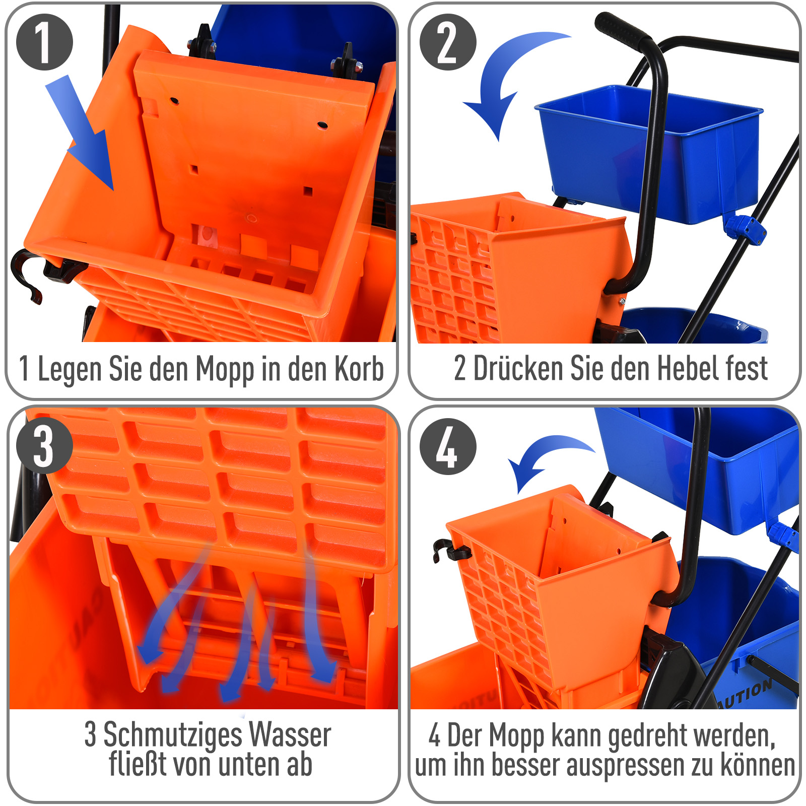 Schritte zur Verwendung eines Moppeimers. Orangefarbene und blaue Eimer mit Anweisungen.