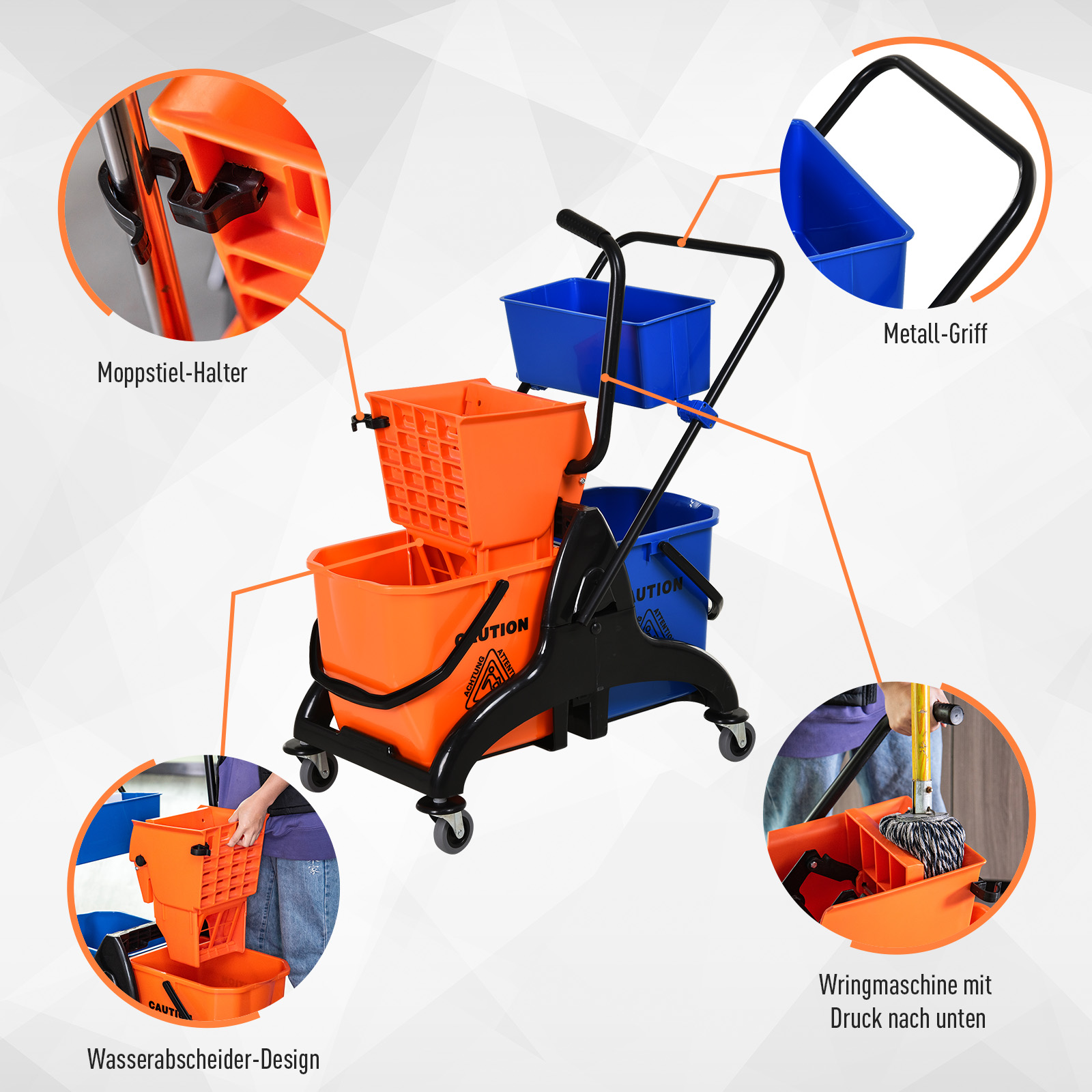 Reinigungswagen mit mehreren Fächern. Er enthält zwei Eimer, einen Mopphalter und eine Wringmaschine.