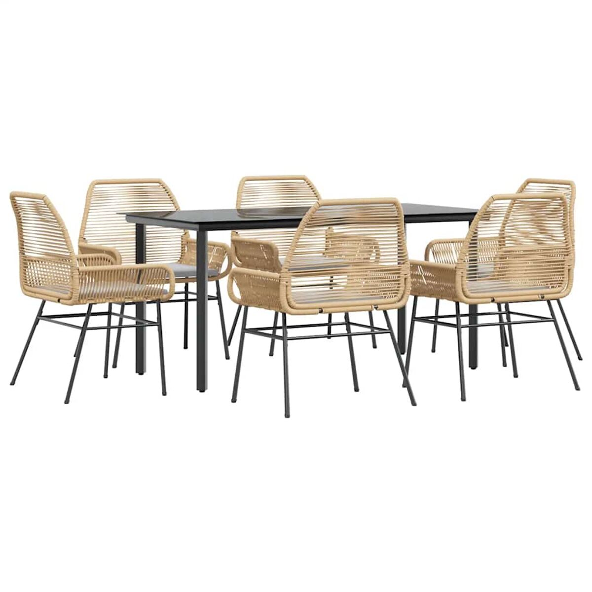 Un set da pranzo con sei sedie e un tavolo nero. Sedie in rattan e tavolo nero.